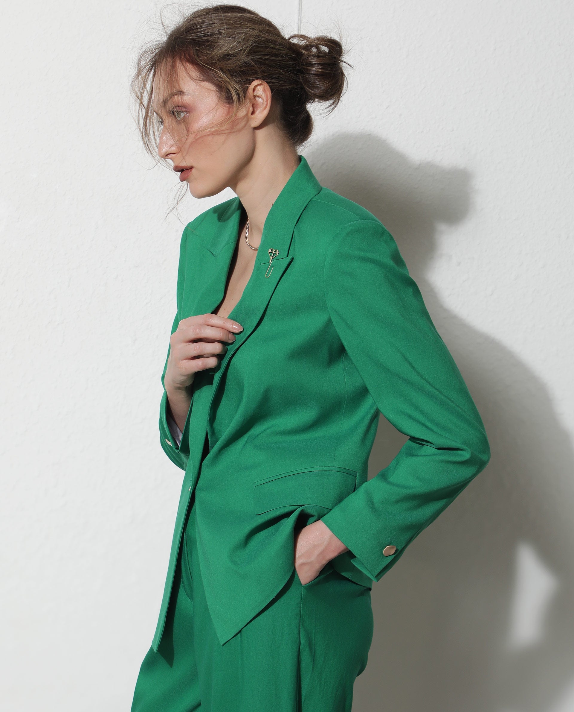 Rareism Women Ziva Green Polyester Fabric Full Sleeves Button Closure Lapel Neck Tailored Fit Plain Blazer