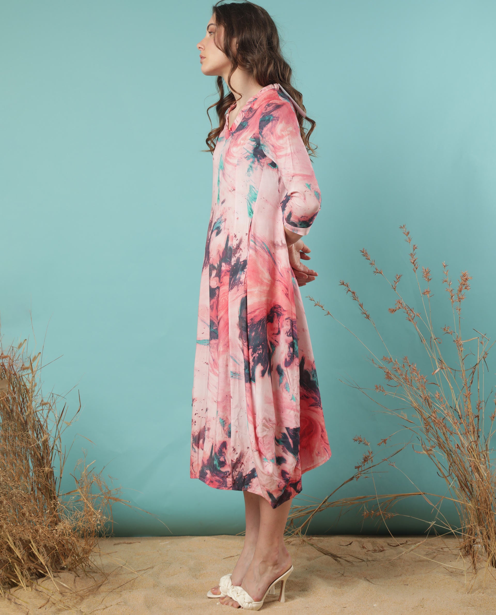 Rareism Women Park Multi Abstract Ruffled V Neck 3/4 Sleeves With Pockets Asymmetrical Midi Dress