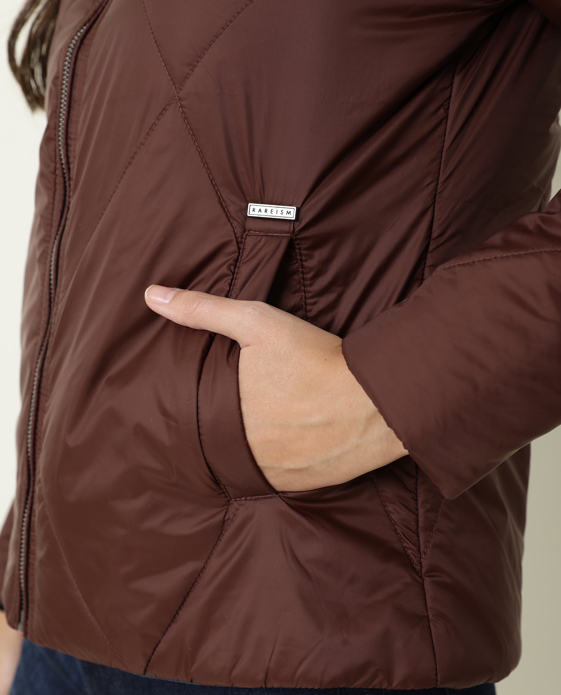 Rareism Women Cora Maroon Polyester Fabric Full Sleeves Solid High Neck Jacket