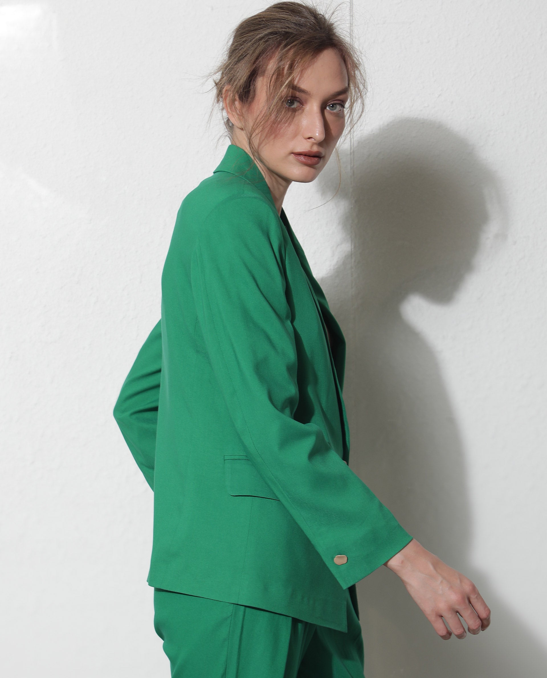 Rareism Women Ziva Green Polyester Fabric Full Sleeves Button Closure Lapel Neck Tailored Fit Plain Blazer