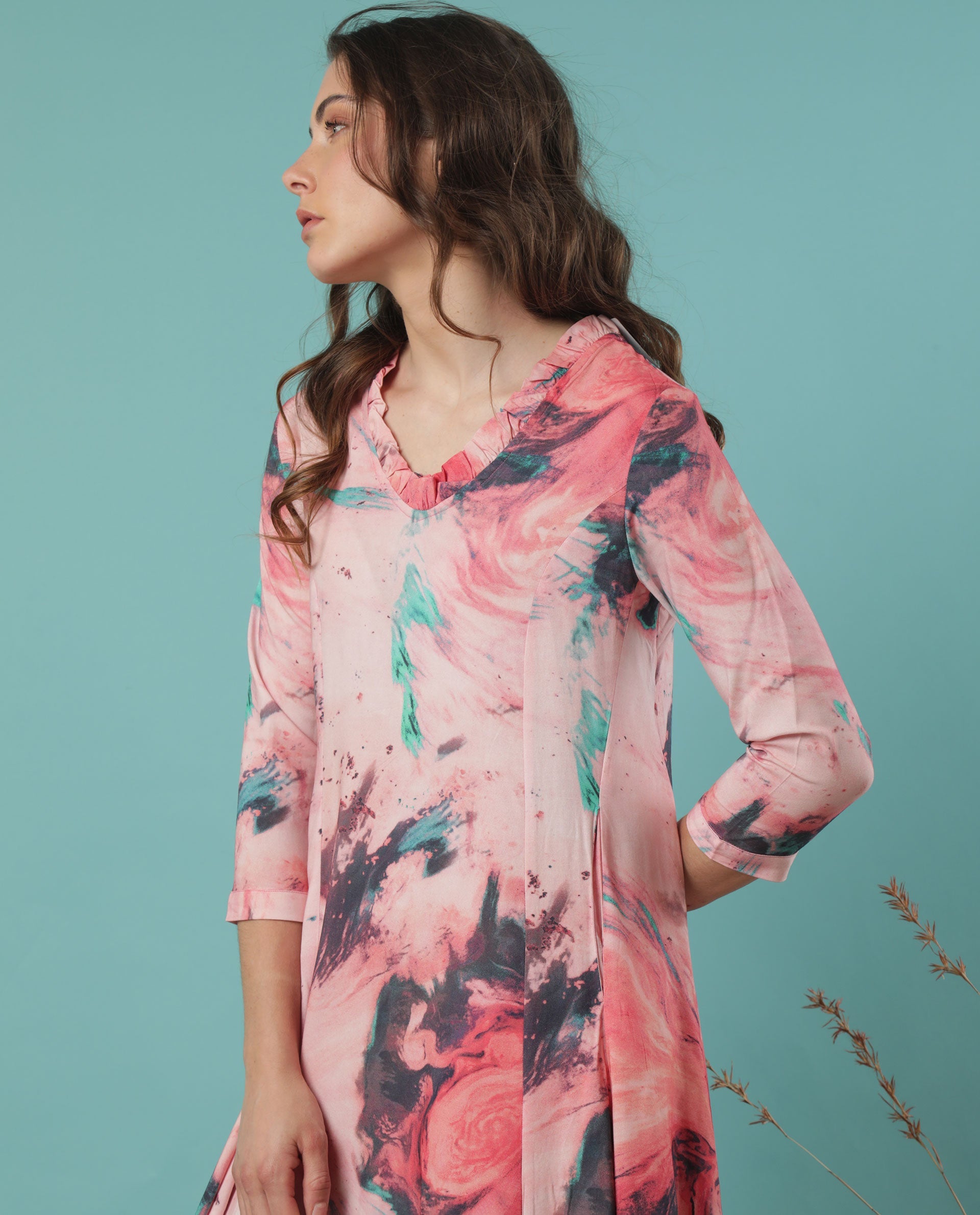 Rareism Women Park Multi Abstract Ruffled V Neck 3/4 Sleeves With Pockets Asymmetrical Midi Dress