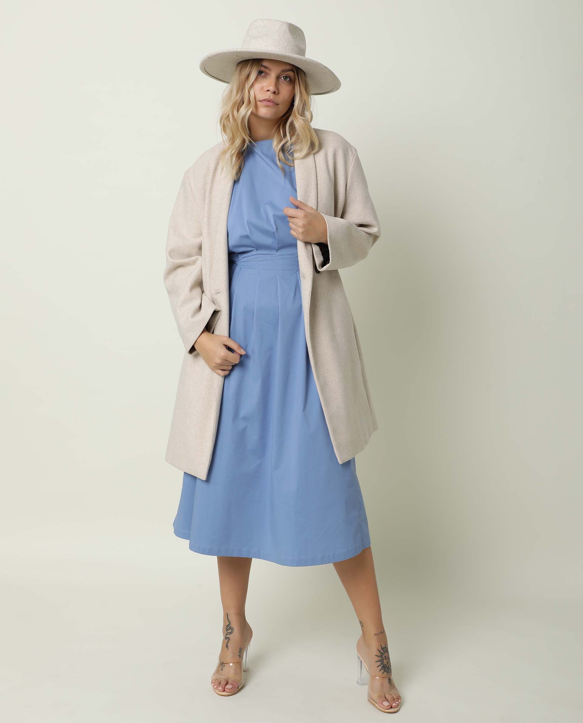 Rareism Women Zippo Blue Boat Neck Sleeveless Waist Drawstring With Back Button Closure And Pockets Midi Dress