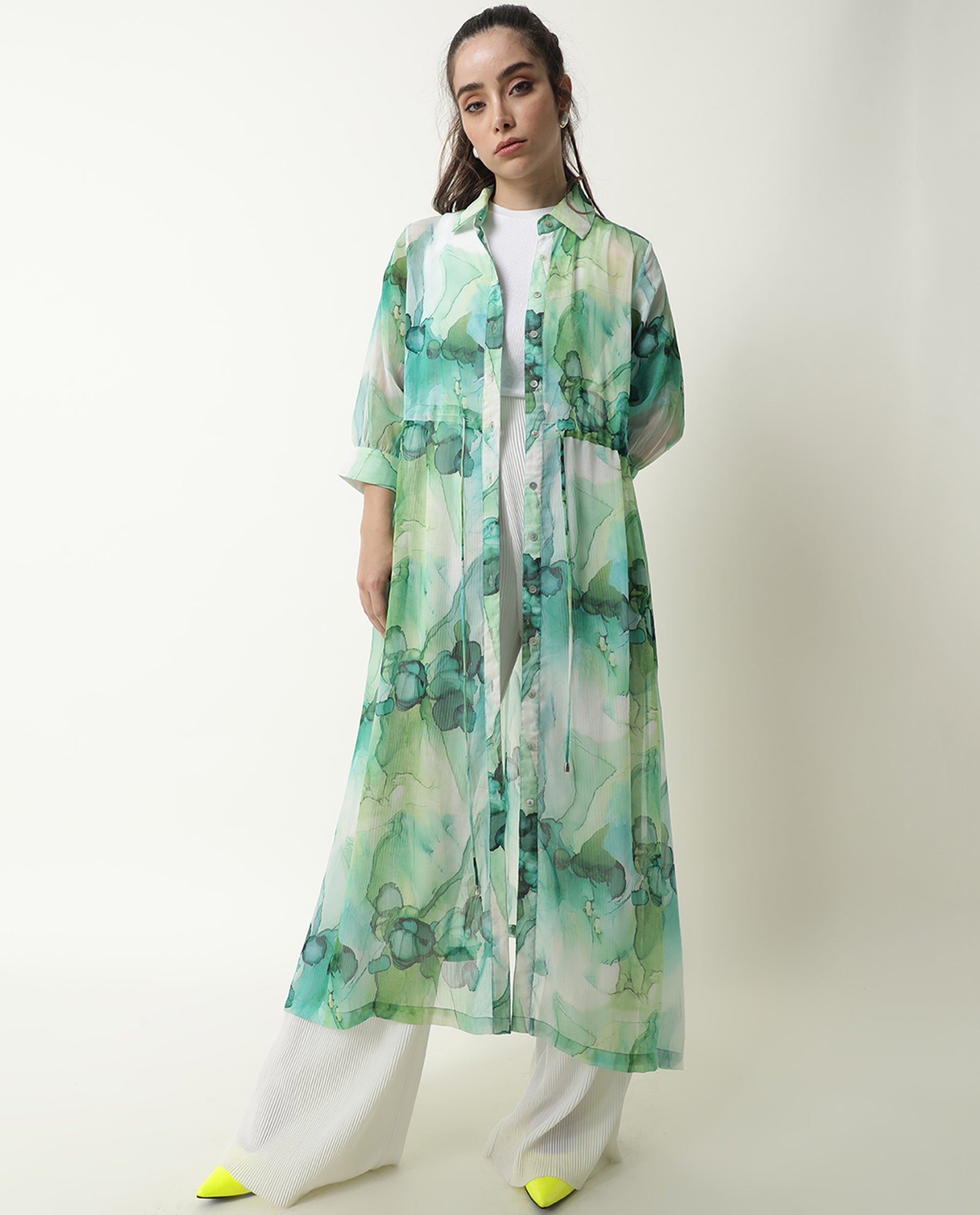 Rareism Women Jamaica Green Printed Shirt Collar Full Sleeves Front Button Placket Waist Drawstring Pockets Maxi Dress
