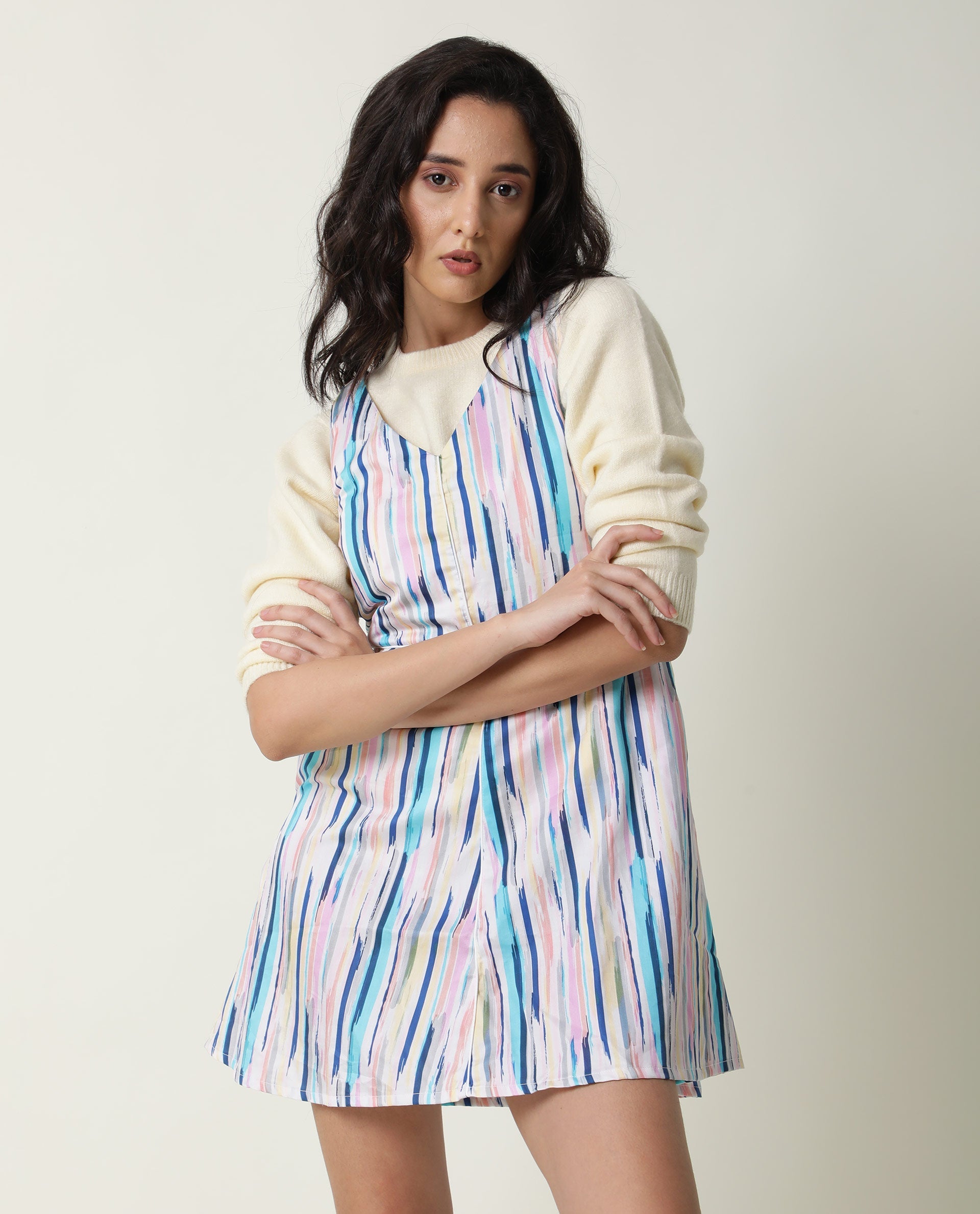 Rareism Women Nano Multi Striped V Neck Sleeveless With Pockets Mini Dress