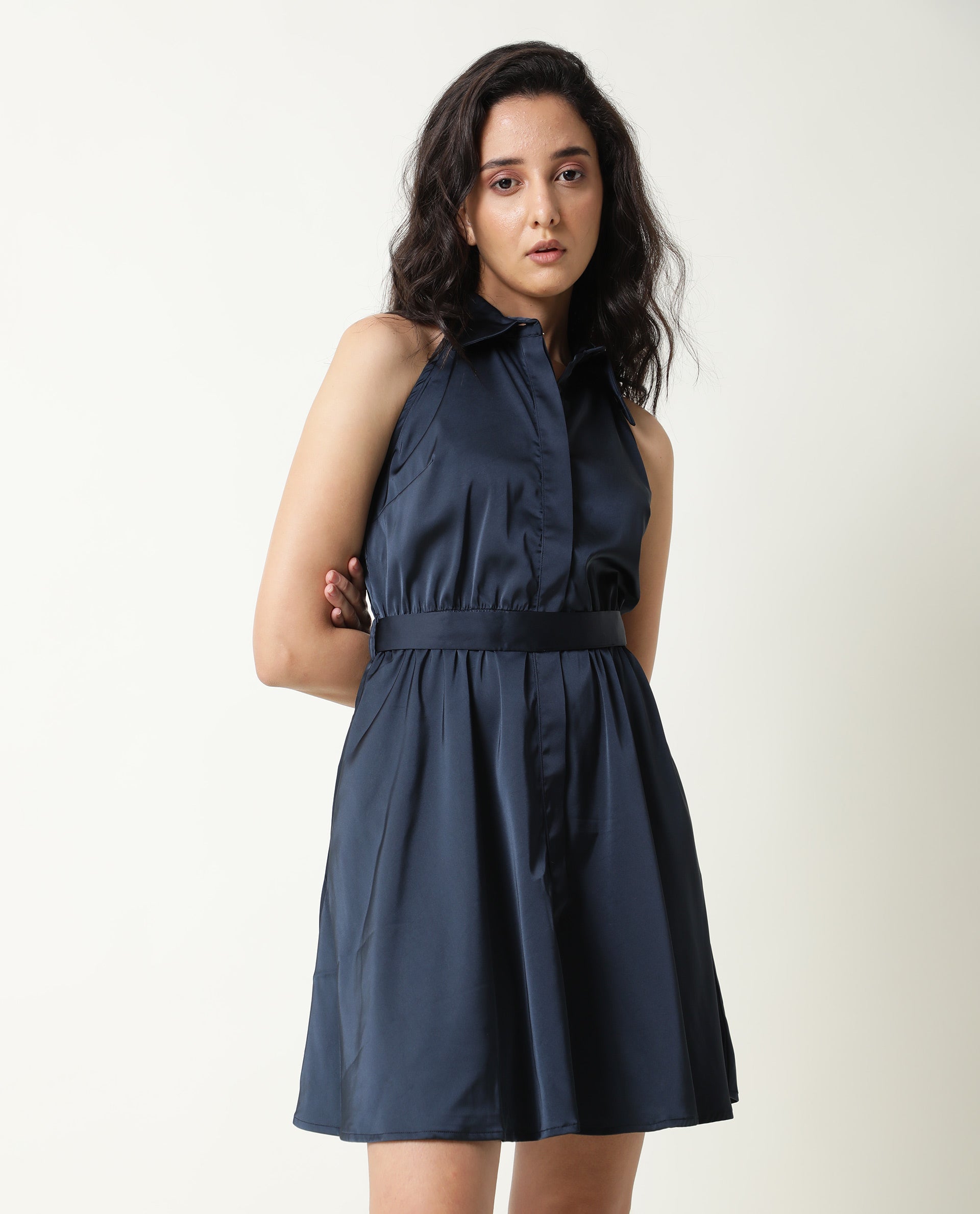 Rareism Women Sulphur Navy Shirt Collar Halter Neck Full Front Button Closure Placket With Fabric Waist Belt Mini Dress