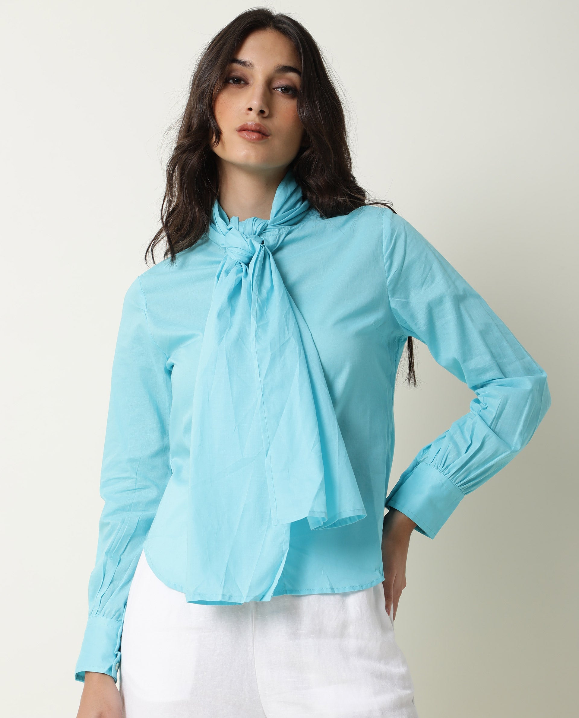 Rareism Womens Flame Blue Top Cotton Fabric Full Sleeves Tie Up Neckline