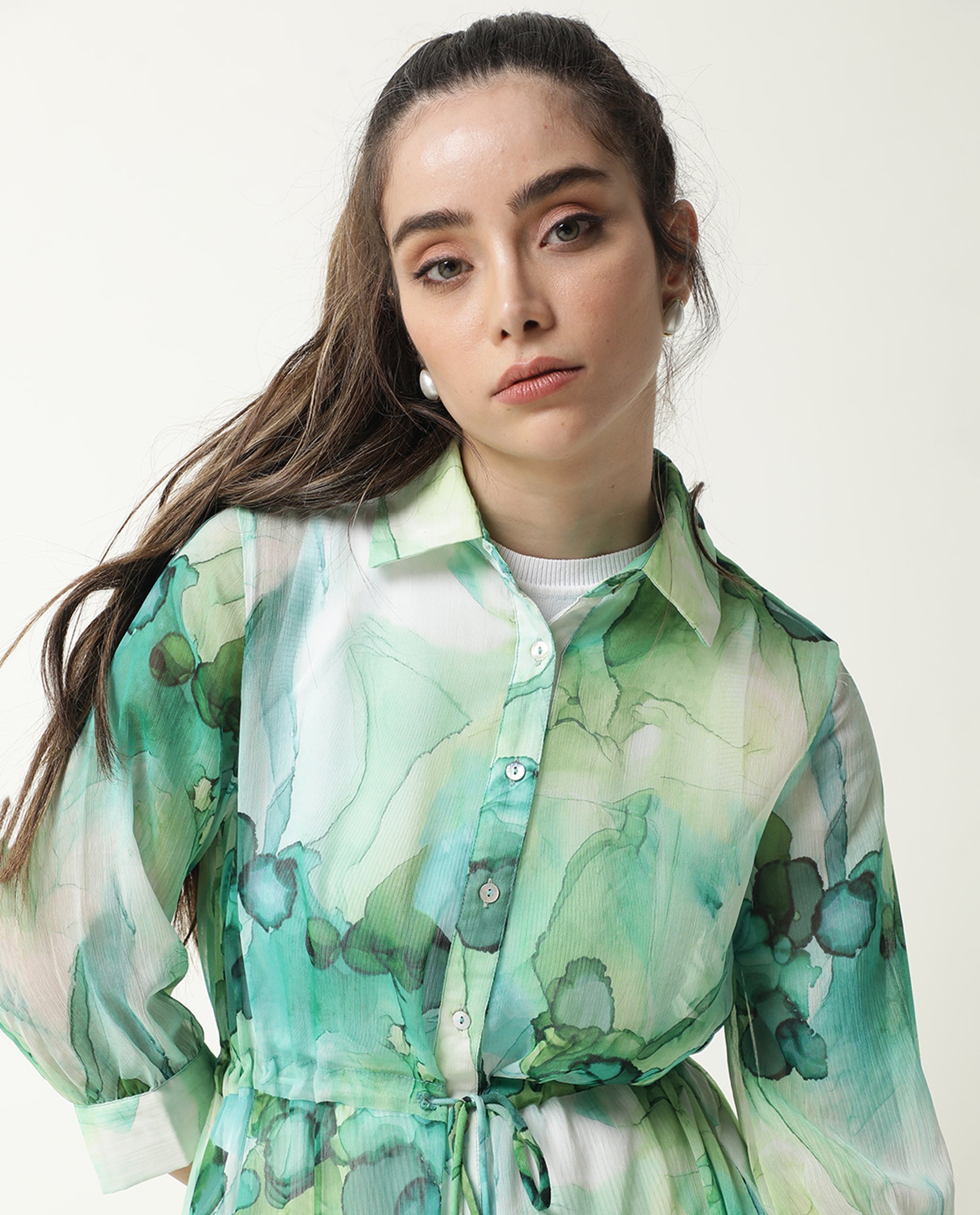 Rareism Women Jamaica Green Printed Shirt Collar Full Sleeves Front Button Placket Waist Drawstring Pockets Maxi Dress