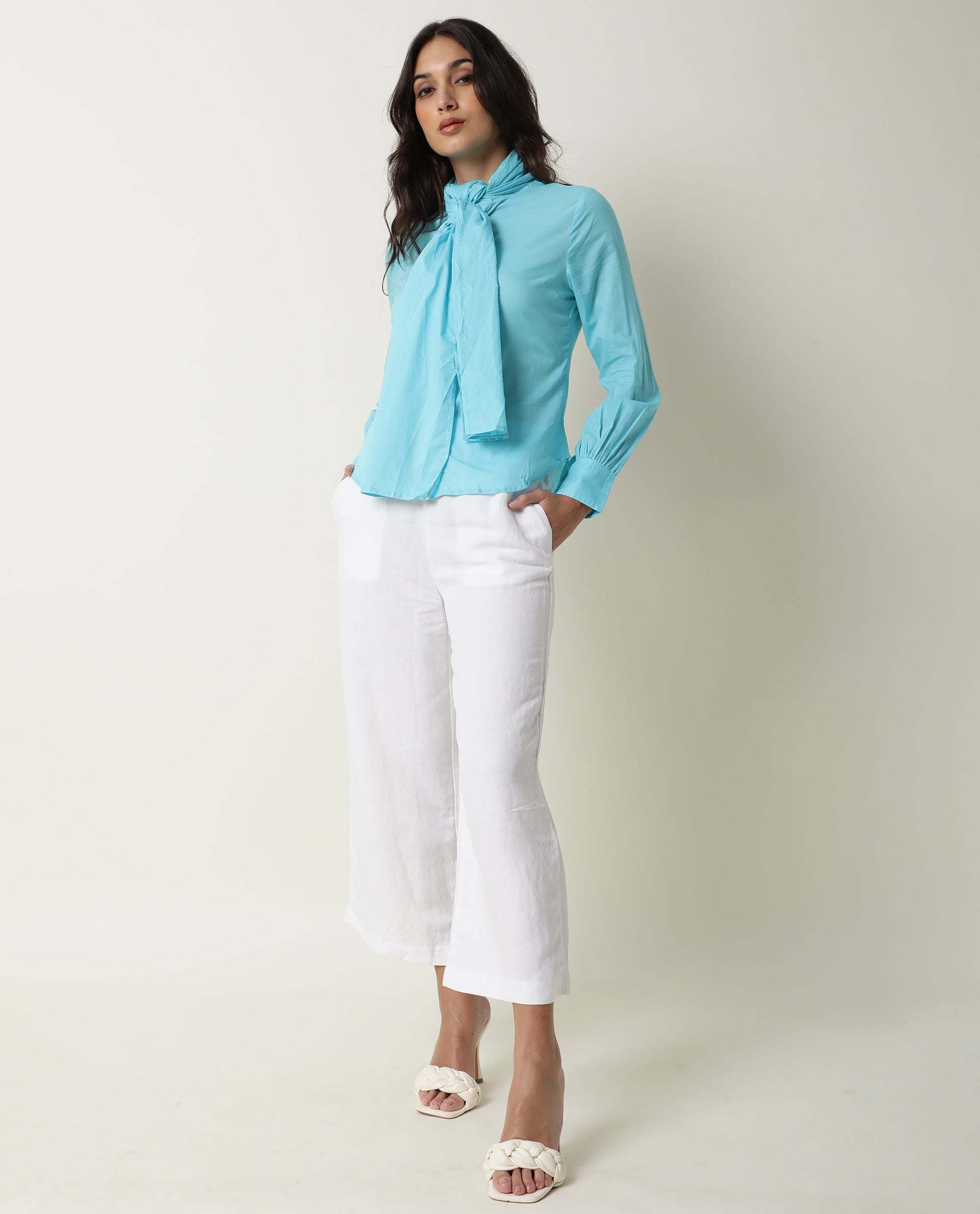 Rareism Womens Flame Blue Top Cotton Fabric Full Sleeves Tie Up Neckline