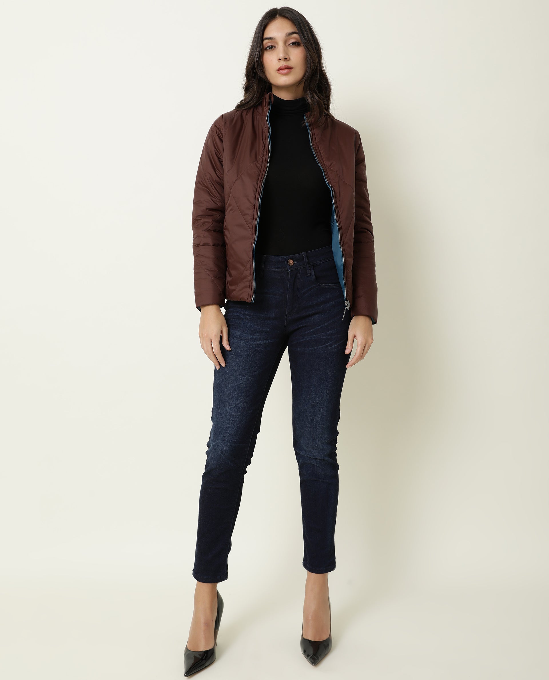 Rareism Women Cora Maroon Polyester Fabric Full Sleeves Solid High Neck Jacket