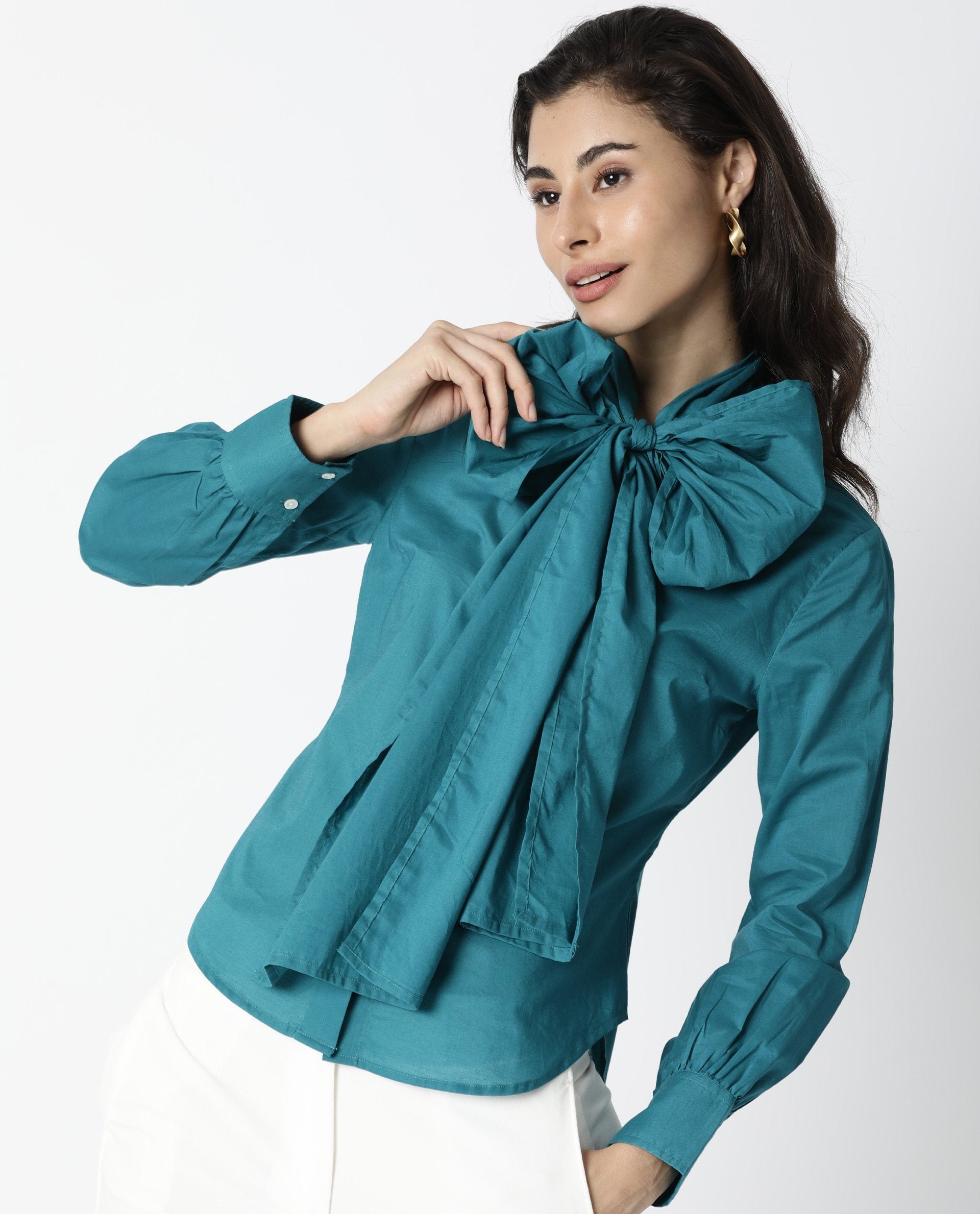 Rareism Womens Flame Petrol Top Cotton Fabric Full Sleeves Tie Up Neckline