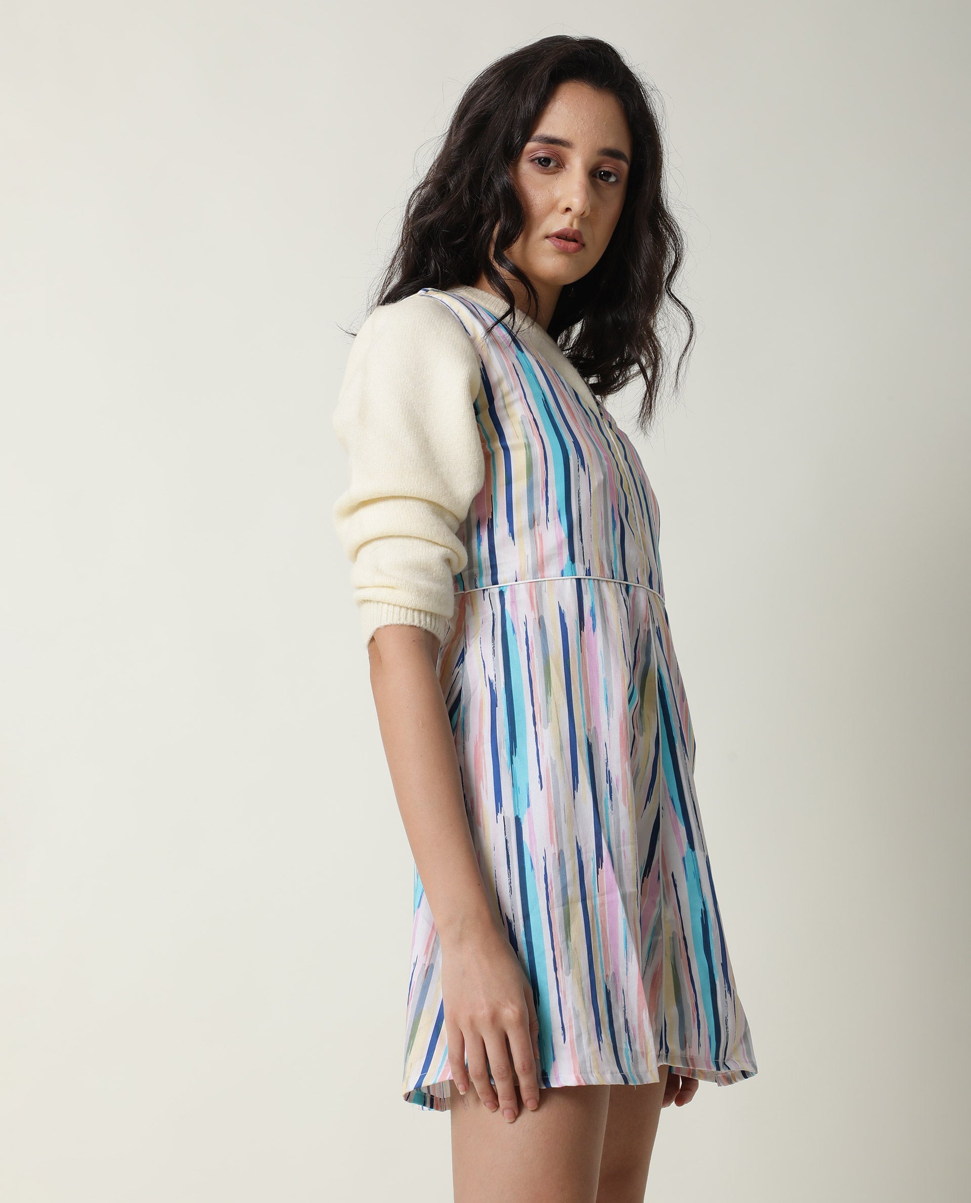 Rareism Women Nano Multi Striped V Neck Sleeveless With Pockets Mini Dress