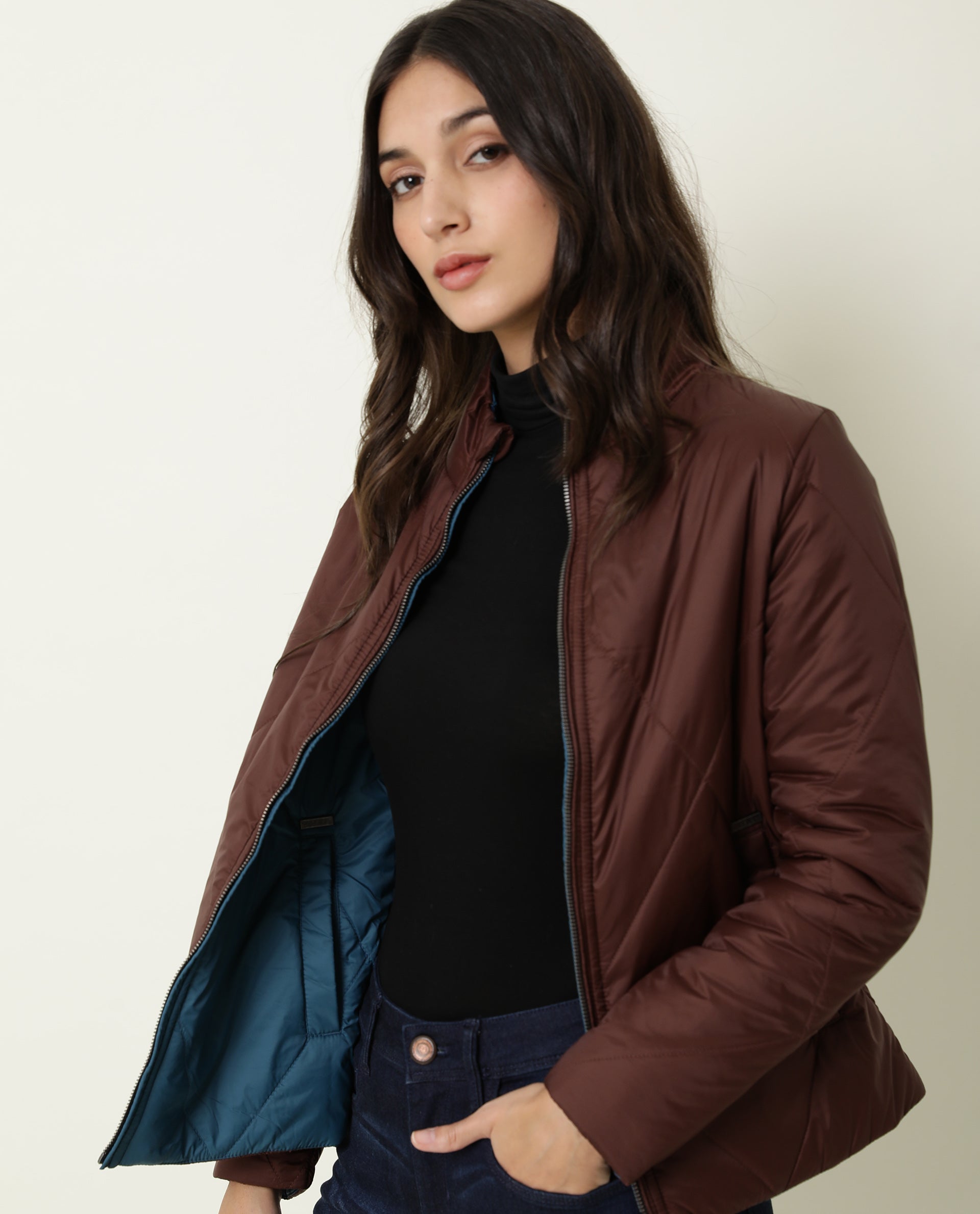 Rareism Women Cora Maroon Polyester Fabric Full Sleeves Solid High Neck Jacket