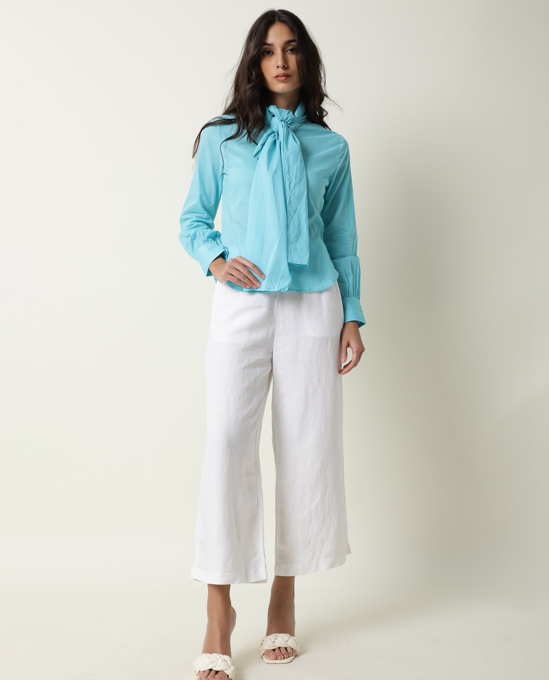 Rareism Womens Flame Blue Top Cotton Fabric Full Sleeves Tie Up Neckline