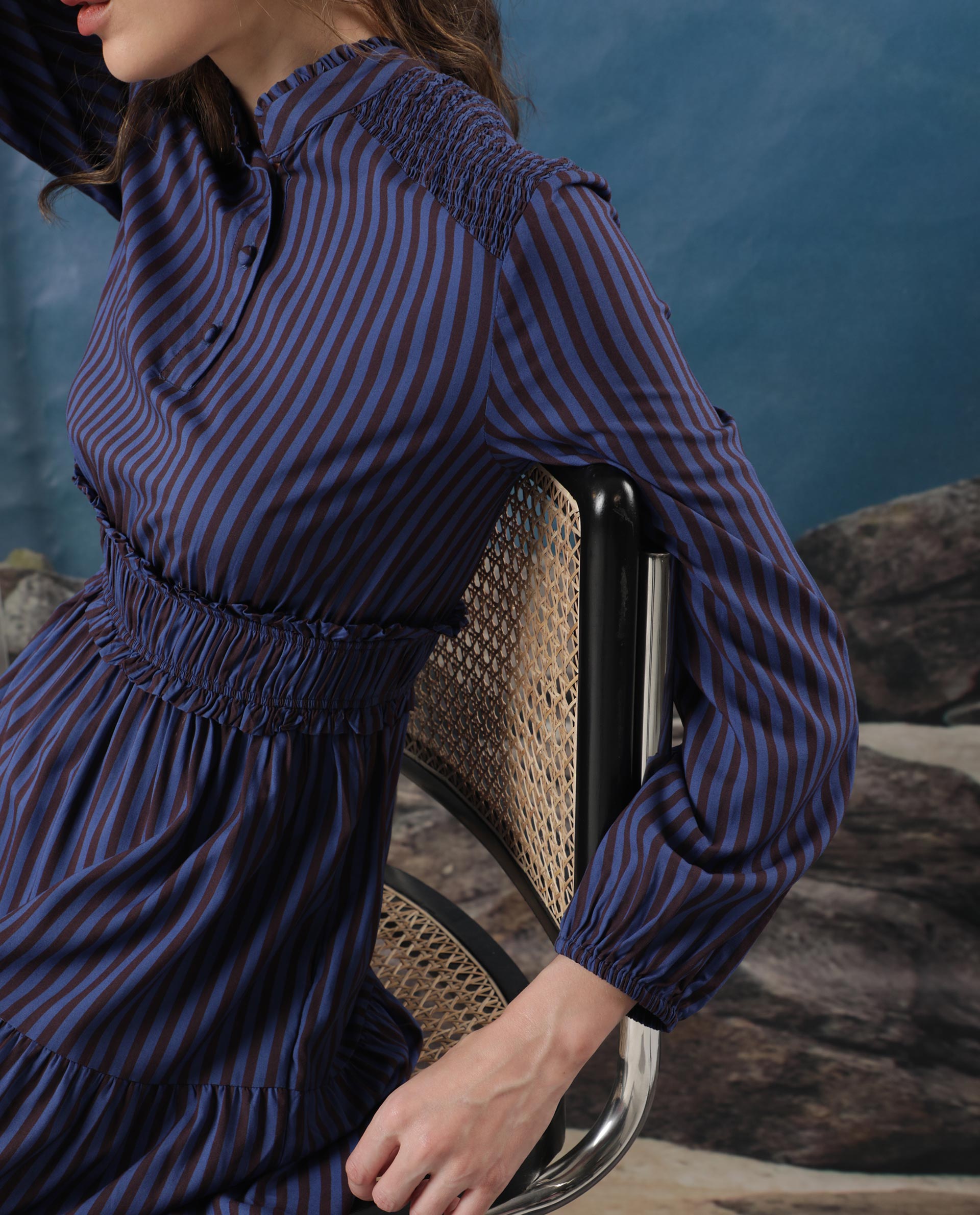 Rareism Women's Loretta Blue Viscose Fabric Mandarin Collar Button Closure Full Sleeve Striped Mini Dress