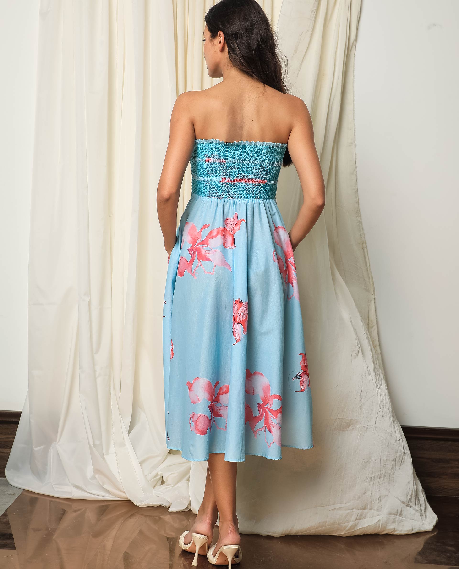 Rareism Women Quinzo Blue Floral Print Off Shoulder With Smoked Bustline Midi Dress