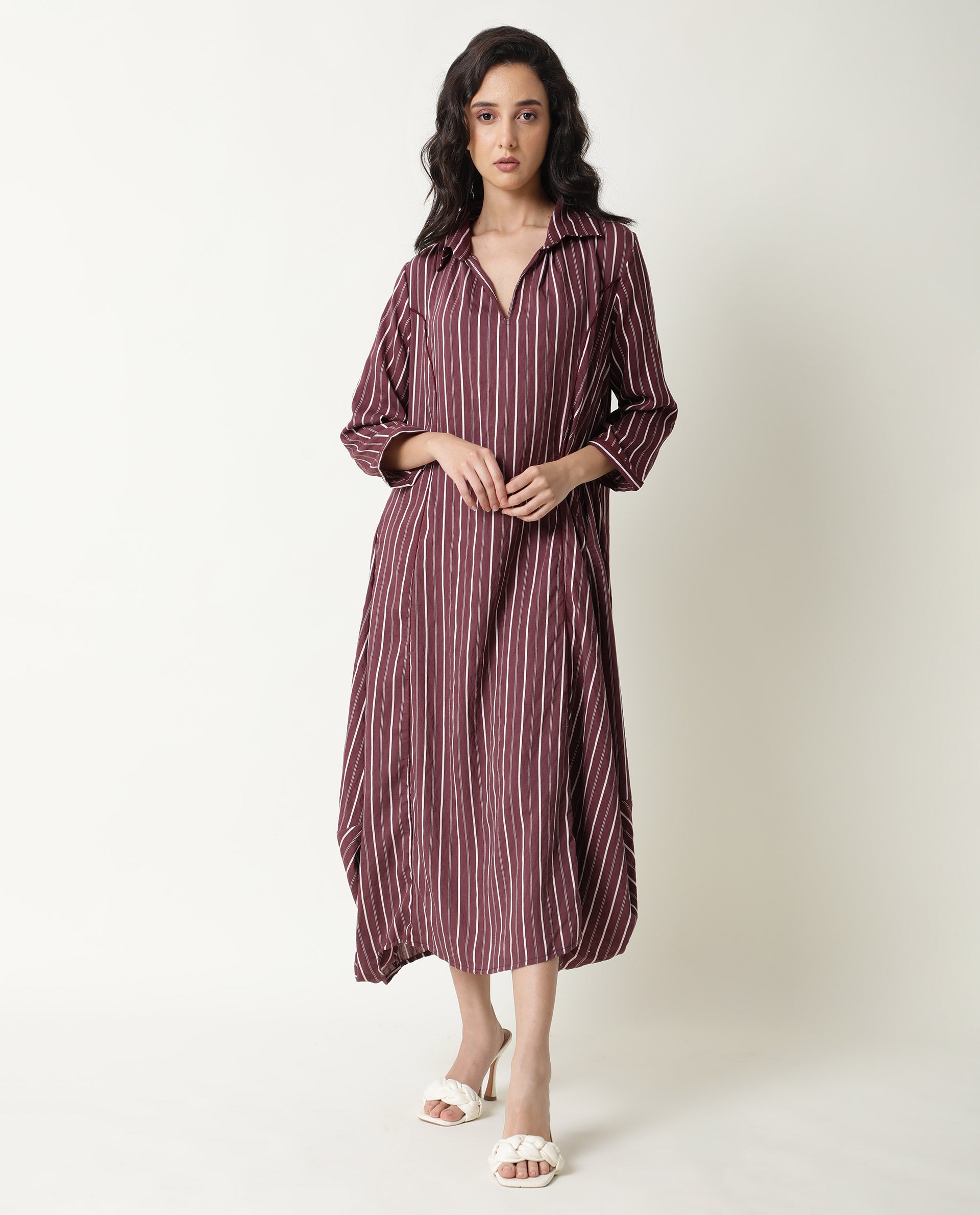 Rareism Women Wakanda Maroon Striped Shirt Collar 3/4 Sleeves With Pockets Midi Dress