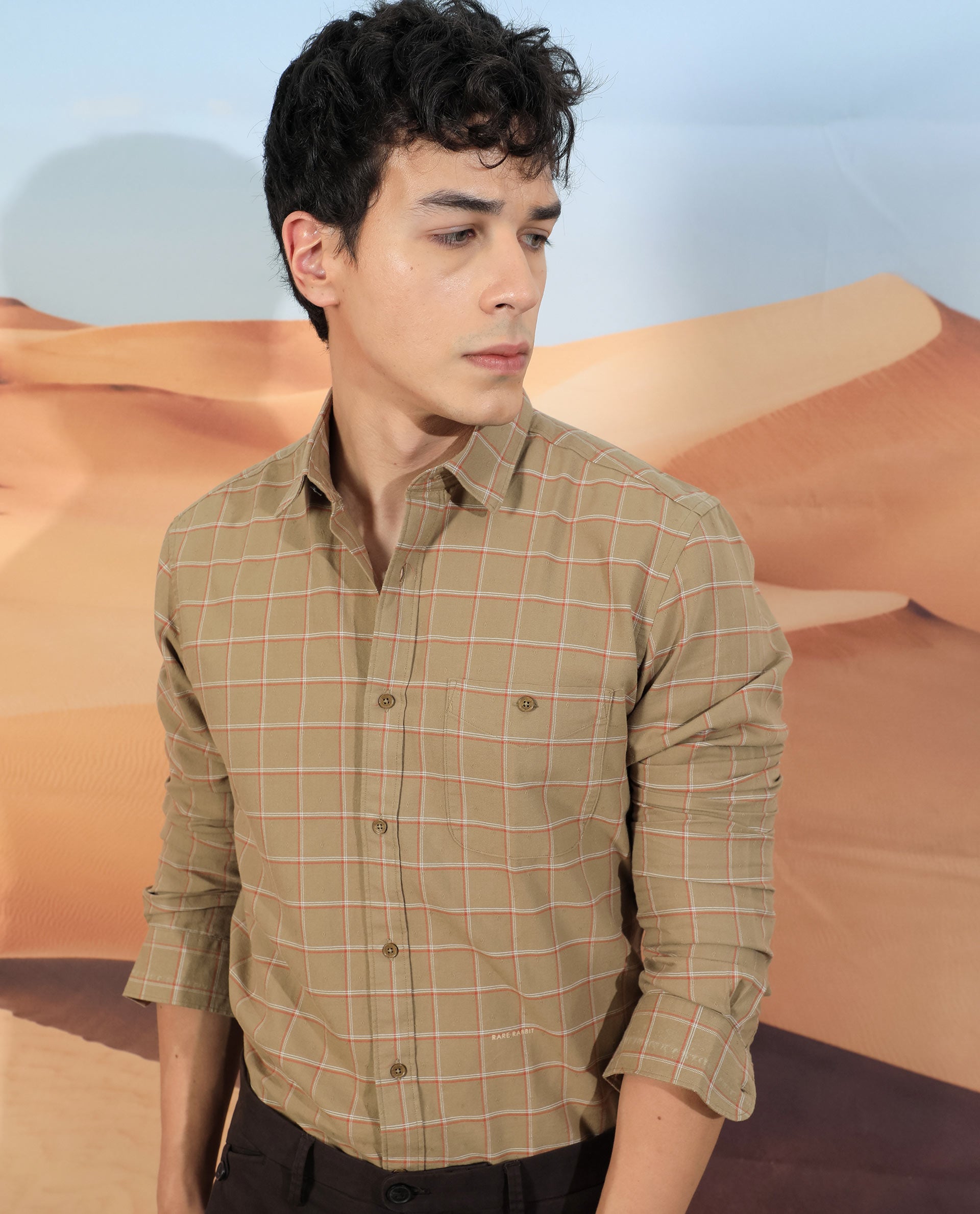 Rare Rabbit Men'S Lanny Beige Shirt Cotton Fabric Slim Fit Regular Collar Full Sleeve Duplin Check