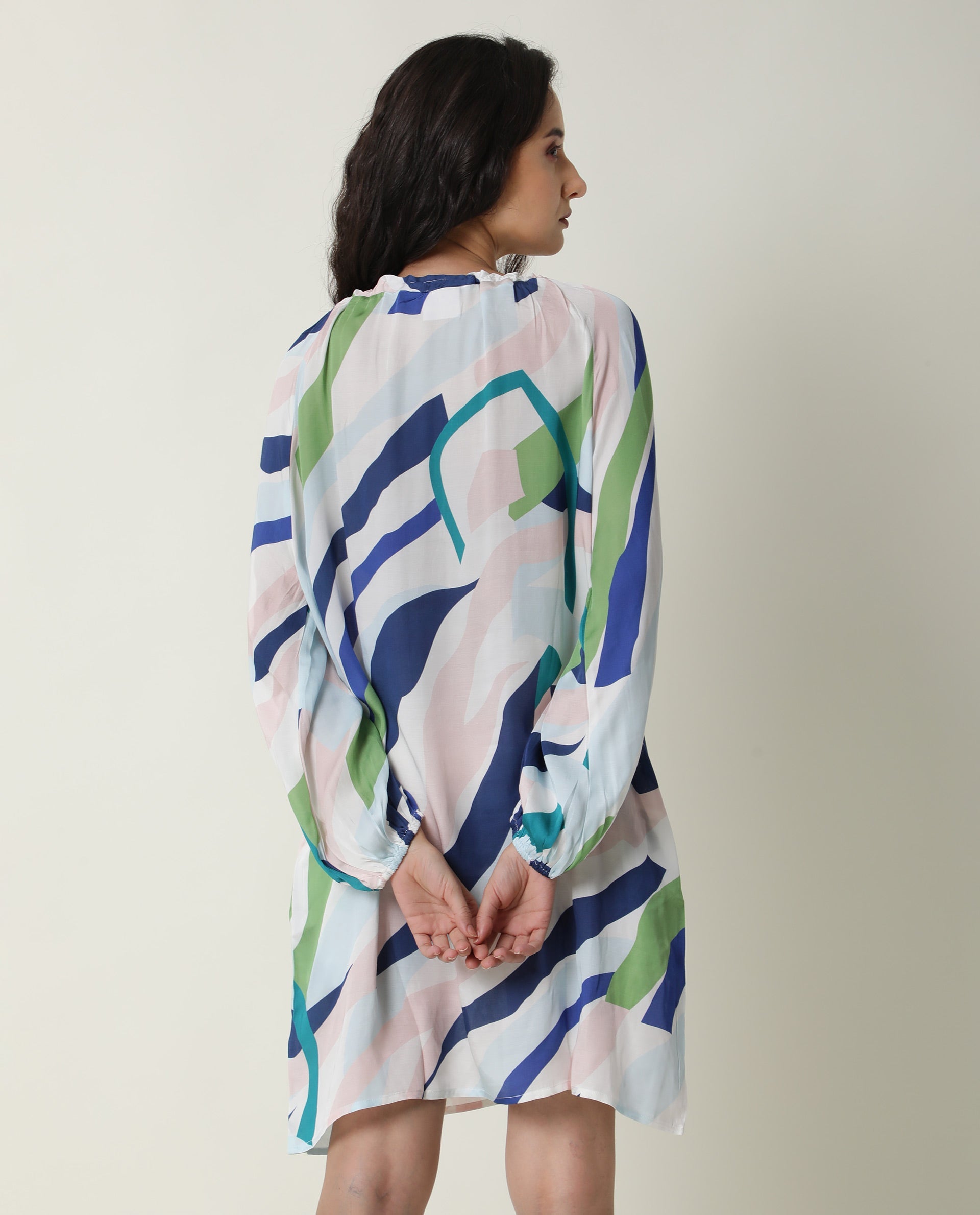 Rareism Women Alloy White Abstract Round Neck Tie Up Full Sleeves Mini Dress