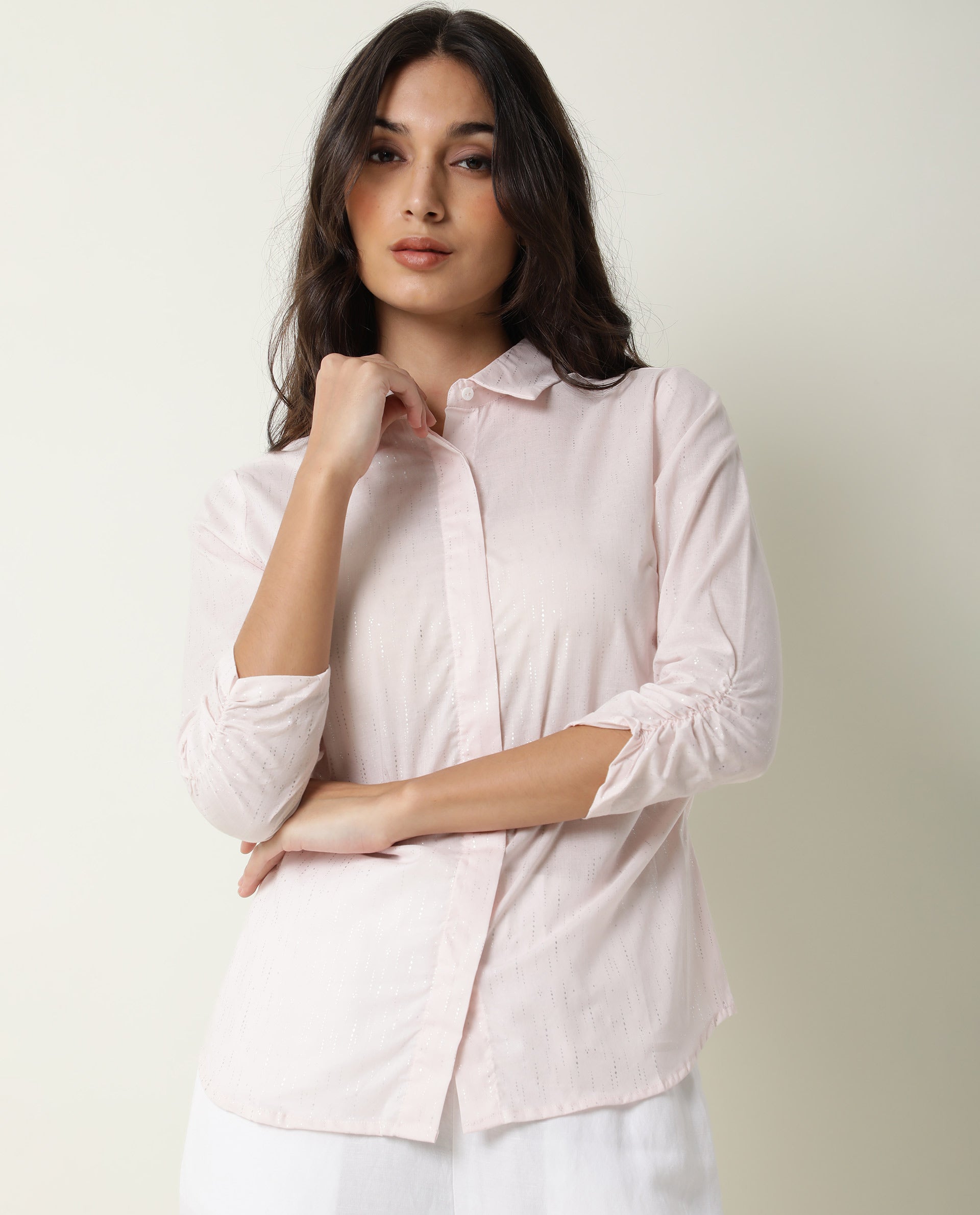 Rareism Womens Humpty Pink Top Cotton Fabric Regular Fit 3/4 Sleeve Collared Neck