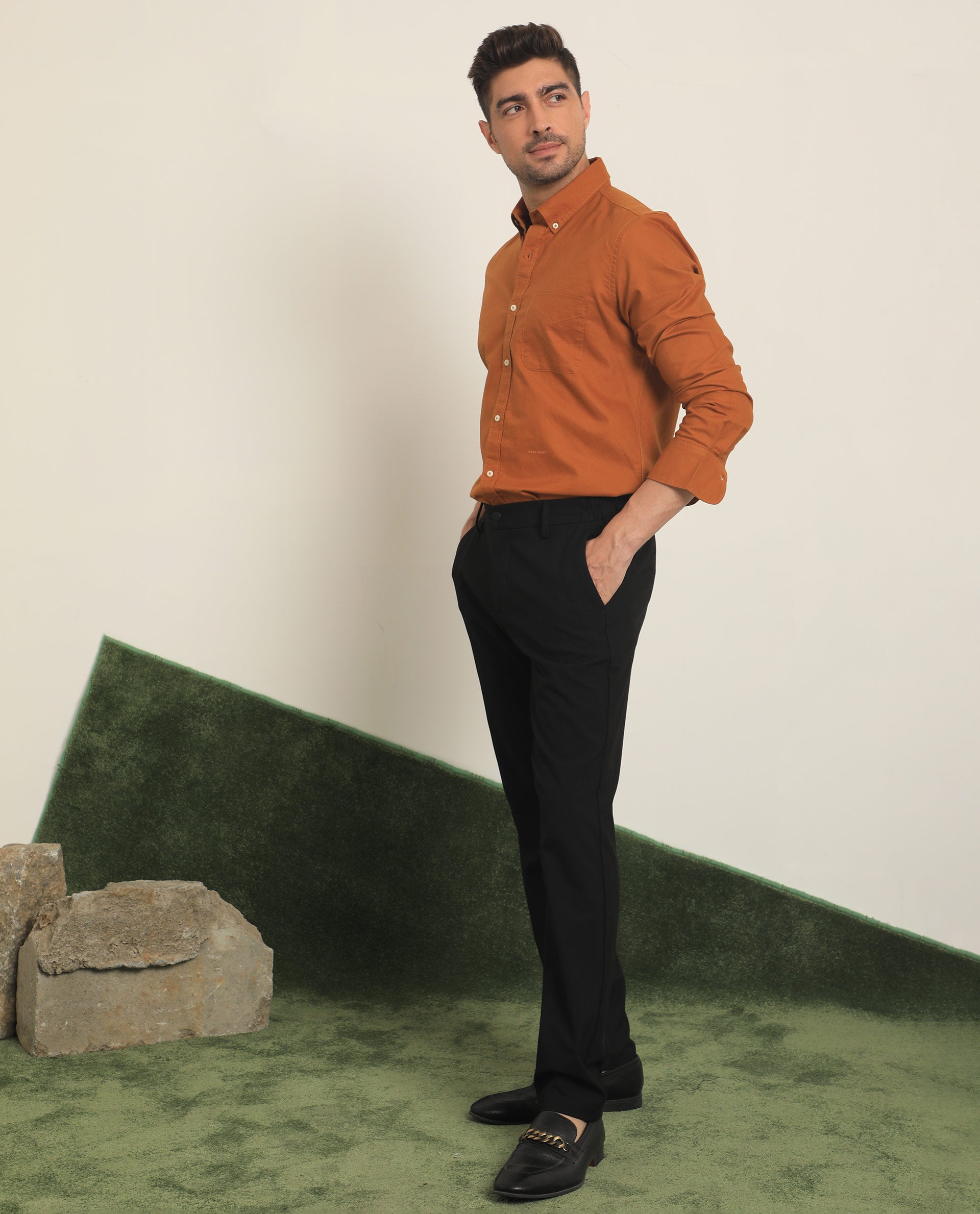 Rare Rabbit Men's Auxfo Rust Cotton Fabric Full Sleeves Solid Shirt