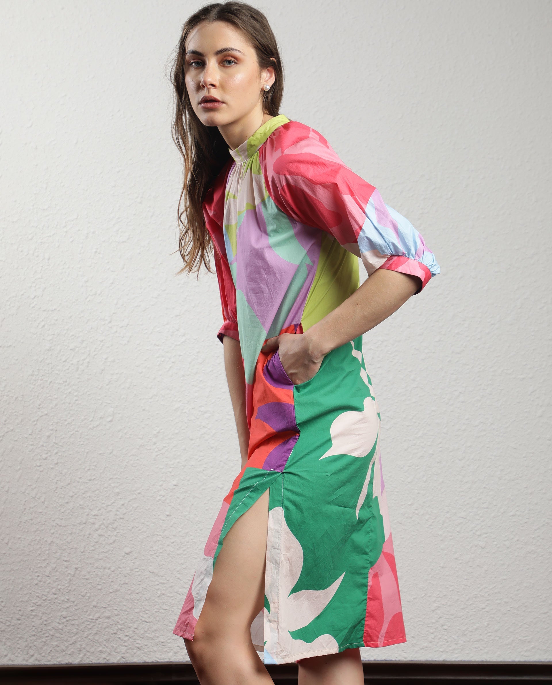 Rareism Women Scintill Multi Cotton Fabric 3/4Th Sleeves Zip Closure High Neck Balloon Sleeve Relaxed Fit Floral Print Knee Length Boxy Dress