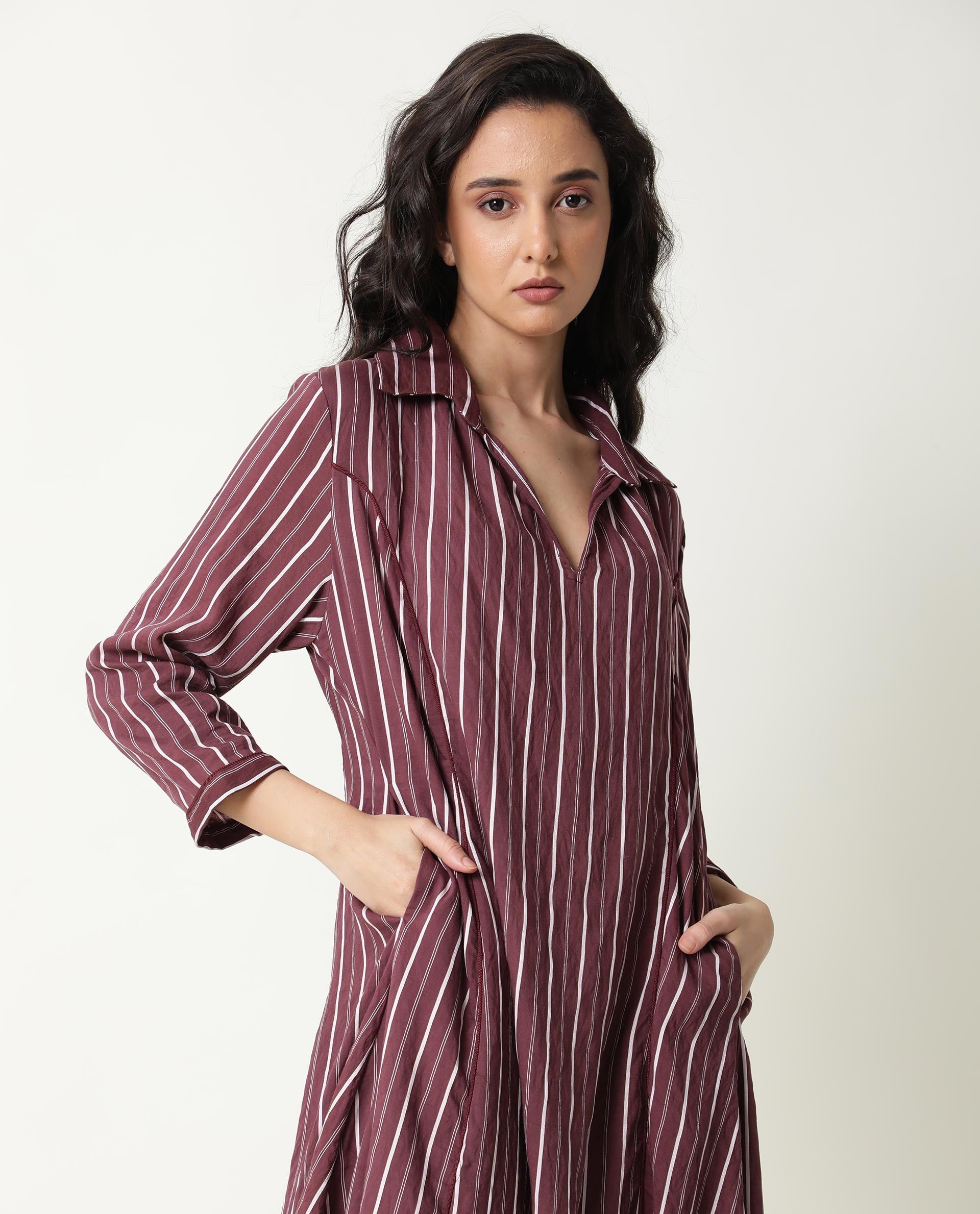Rareism Women Wakanda Maroon Striped Shirt Collar 3/4 Sleeves With Pockets Midi Dress