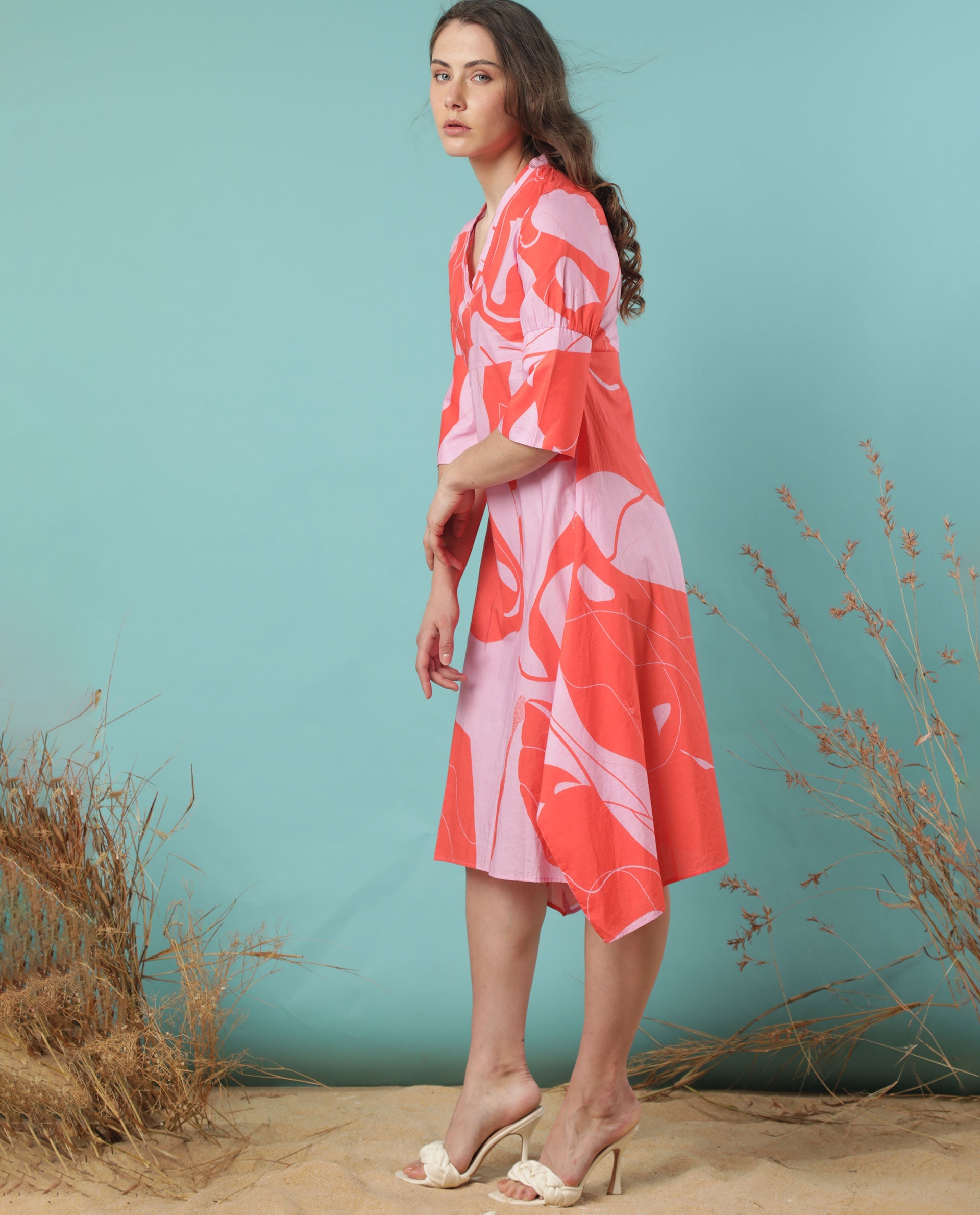 Rareism Women Daphne Orange Cotton Fabric 3/4Th Sleeves V-Neck Regular Fit Abstract Print Knee Length Asymmetric Dress