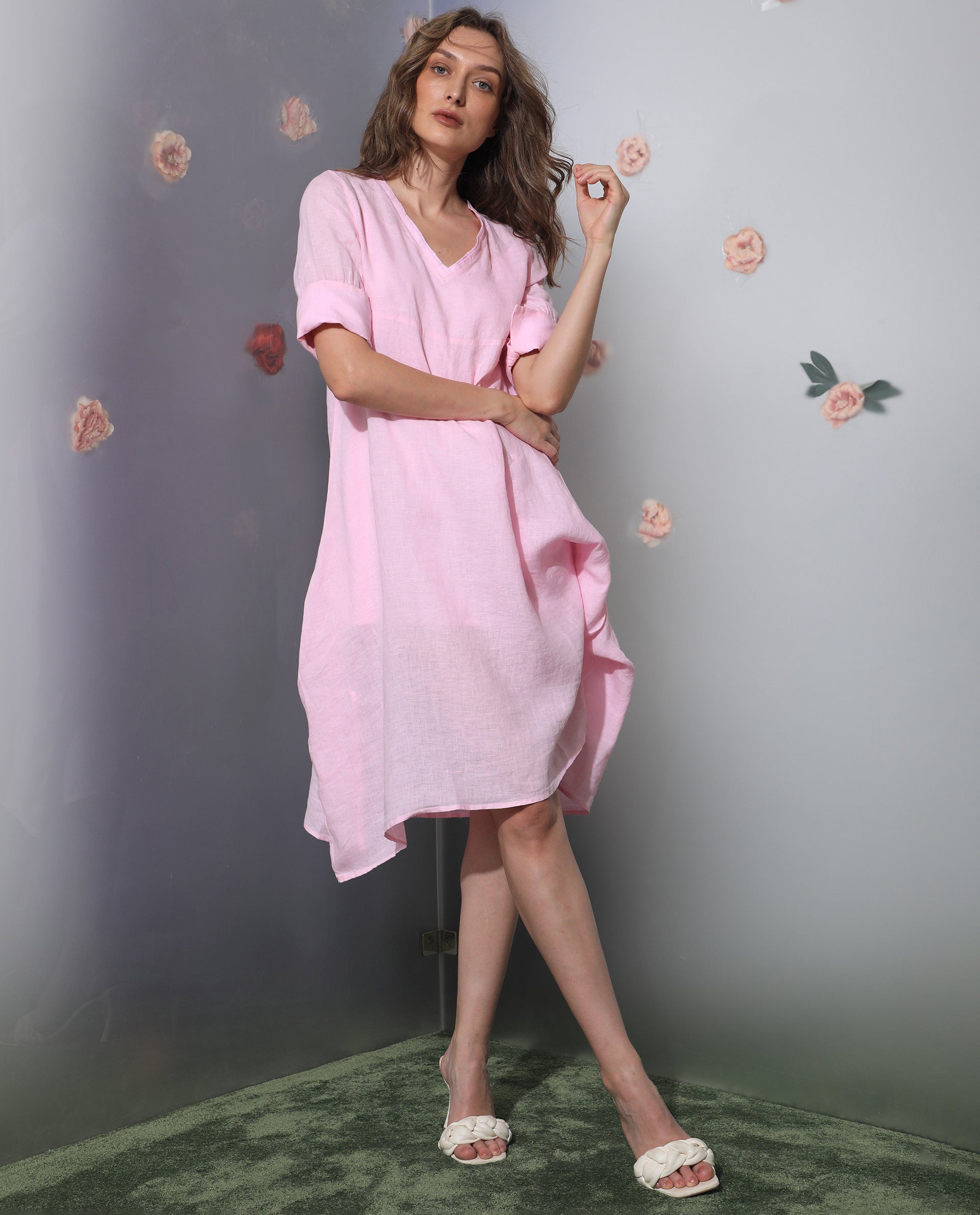 Rareism Women Chreey 1 Pink V Neck Tie-Up 3/4 Sleeves Symmetrical Knee Length Dress