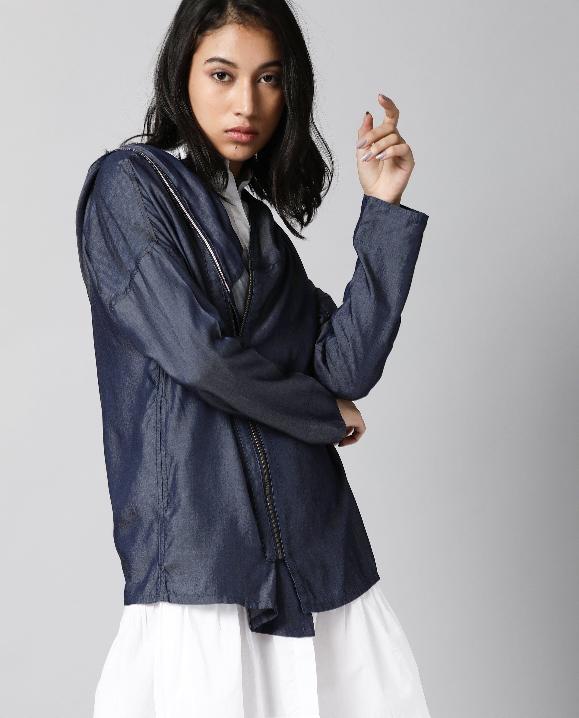 Rareism Womens Hemp Bark Blue Hoodie Zipper Closure