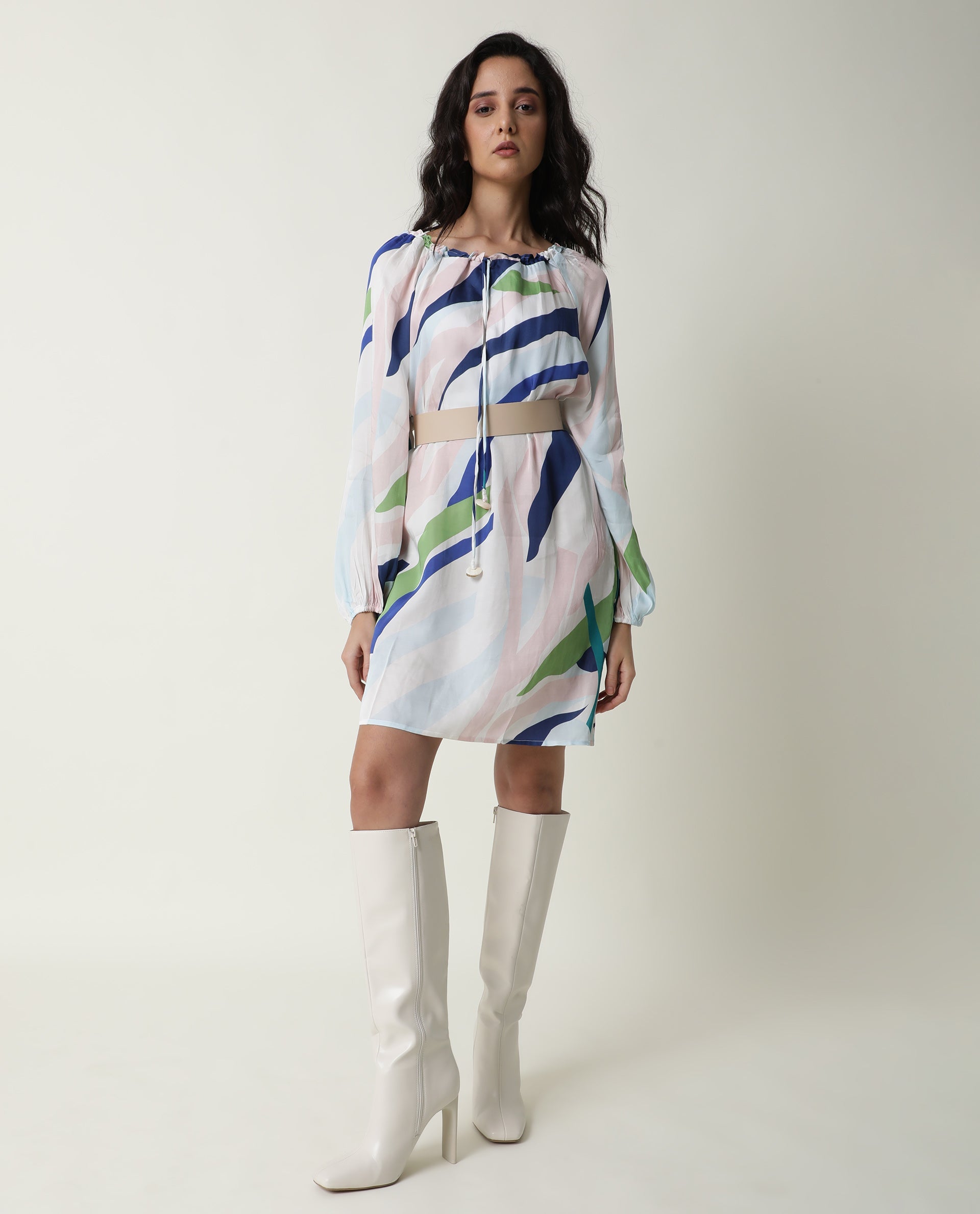 Rareism Women Alloy White Abstract Round Neck Tie Up Full Sleeves Mini Dress