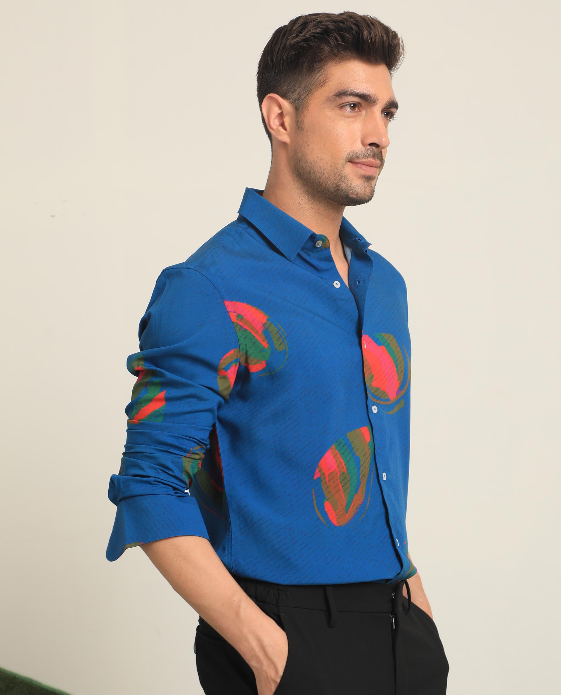 Rare Rabbit Men's Palme Blue Viscose Fabric Abstract Print Full Sleeves Shirt