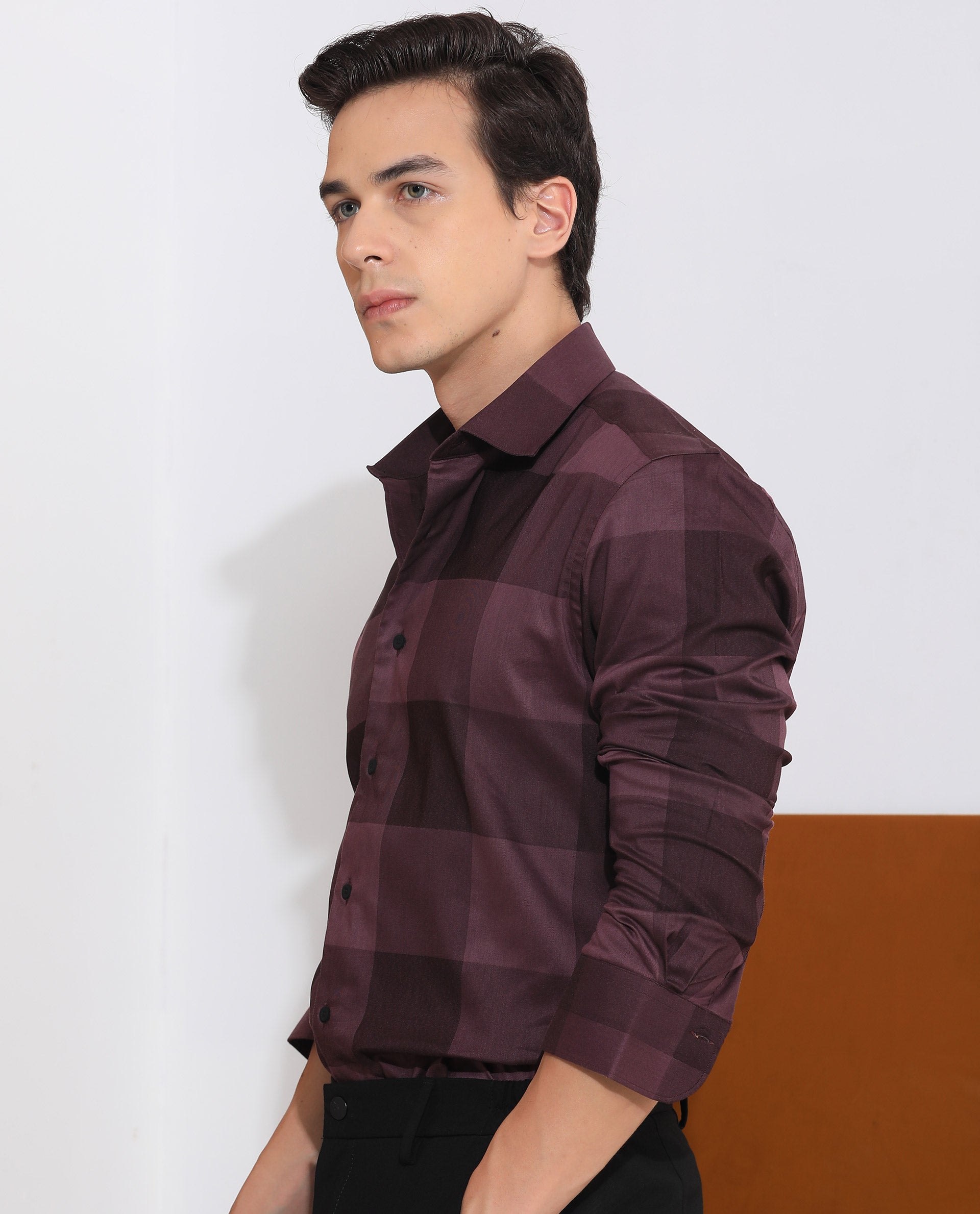 Rare Rabbit Men's Santhe Maroon Cotton Lycra Fabric Full Sleeves Regular Fit Tonal Checks Shirt