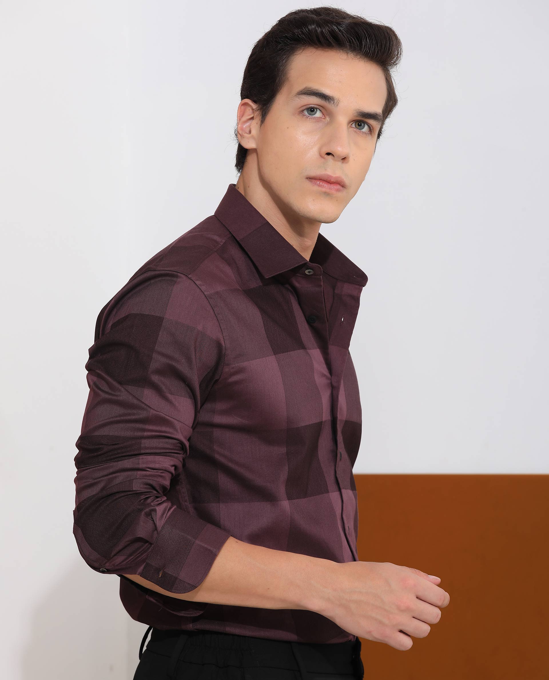 Rare Rabbit Men's Santhe Maroon Cotton Lycra Fabric Full Sleeves Regular Fit Tonal Checks Shirt