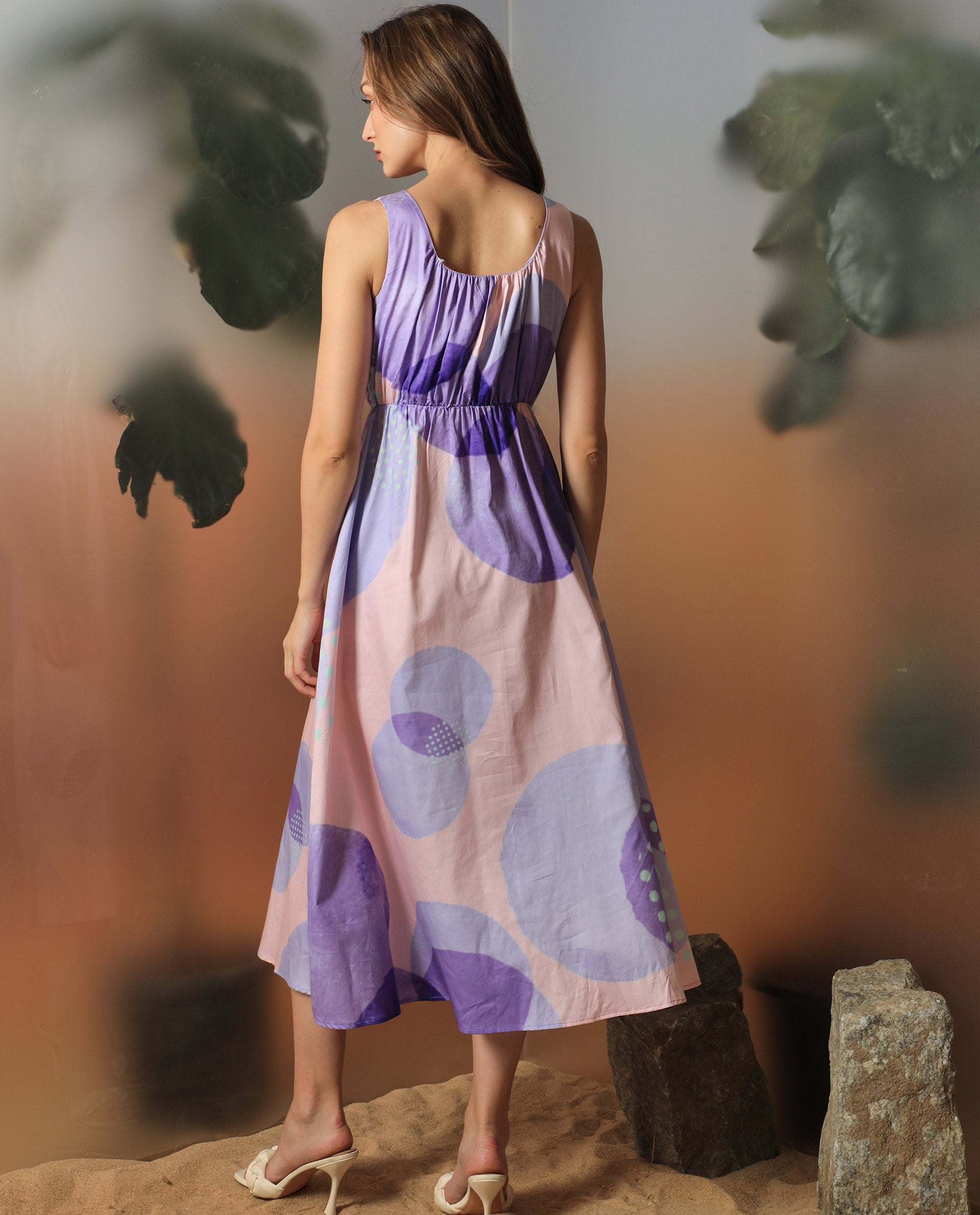 Rareism Women Cordova Pink Cotton Fabric Boat Neck Sleeveless Tailored Fit Polka Knee Length Empire Dress