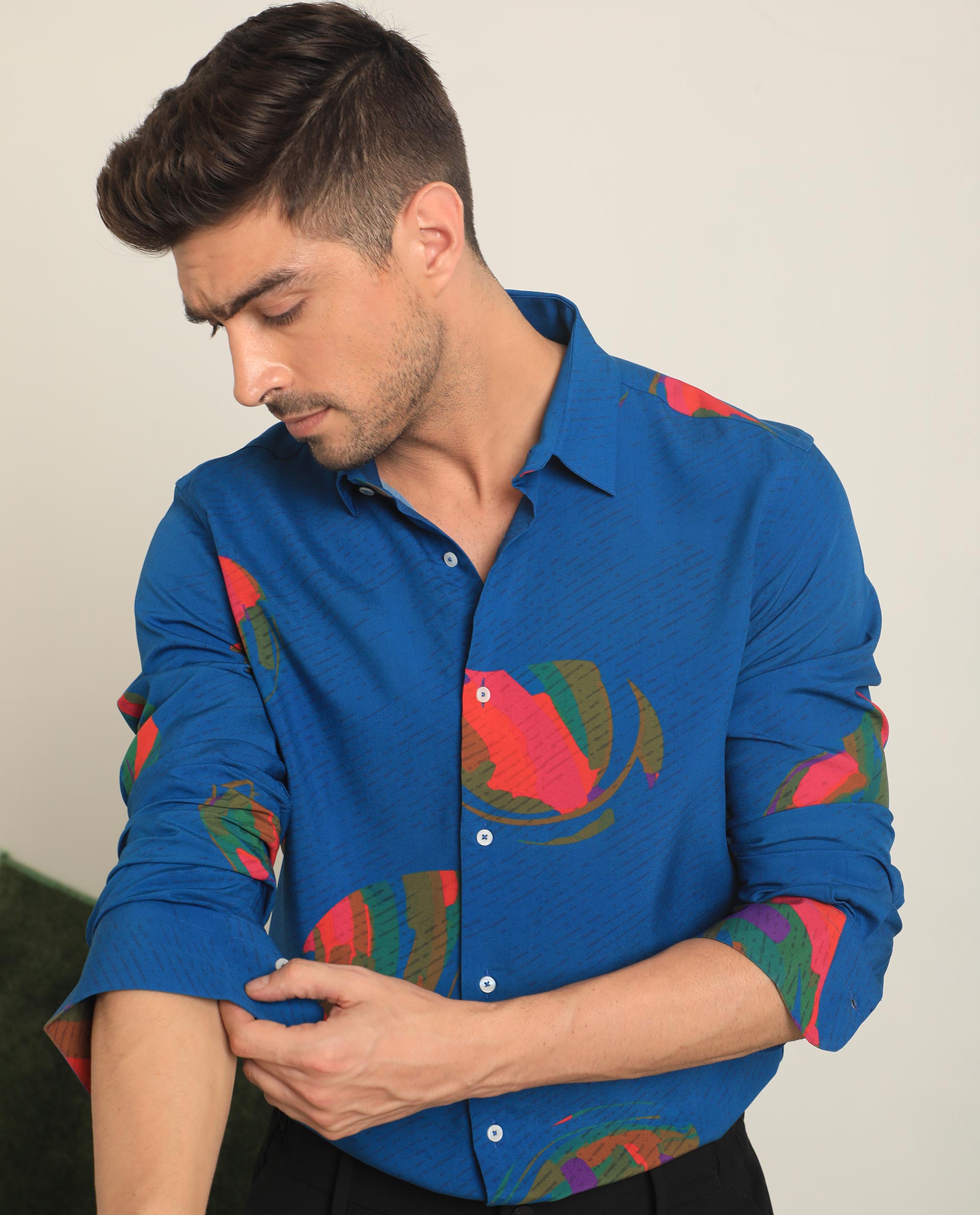 Rare Rabbit Men's Palme Blue Viscose Fabric Abstract Print Full Sleeves Shirt