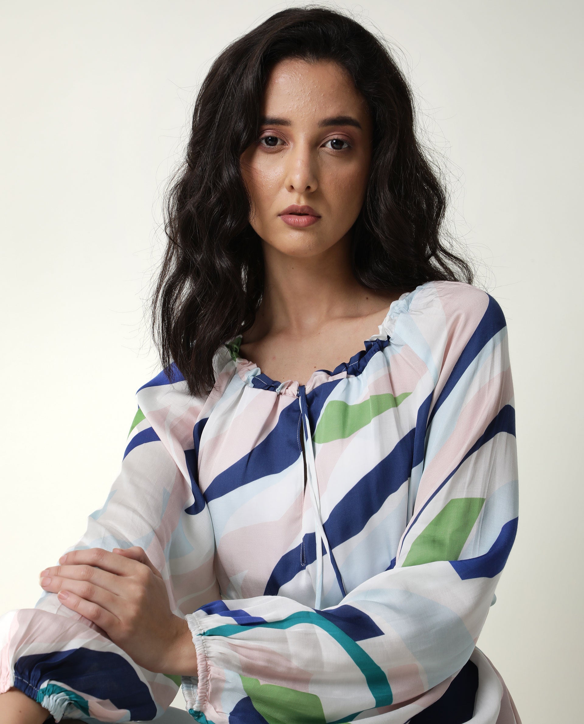 Rareism Women Alloy White Abstract Round Neck Tie Up Full Sleeves Mini Dress