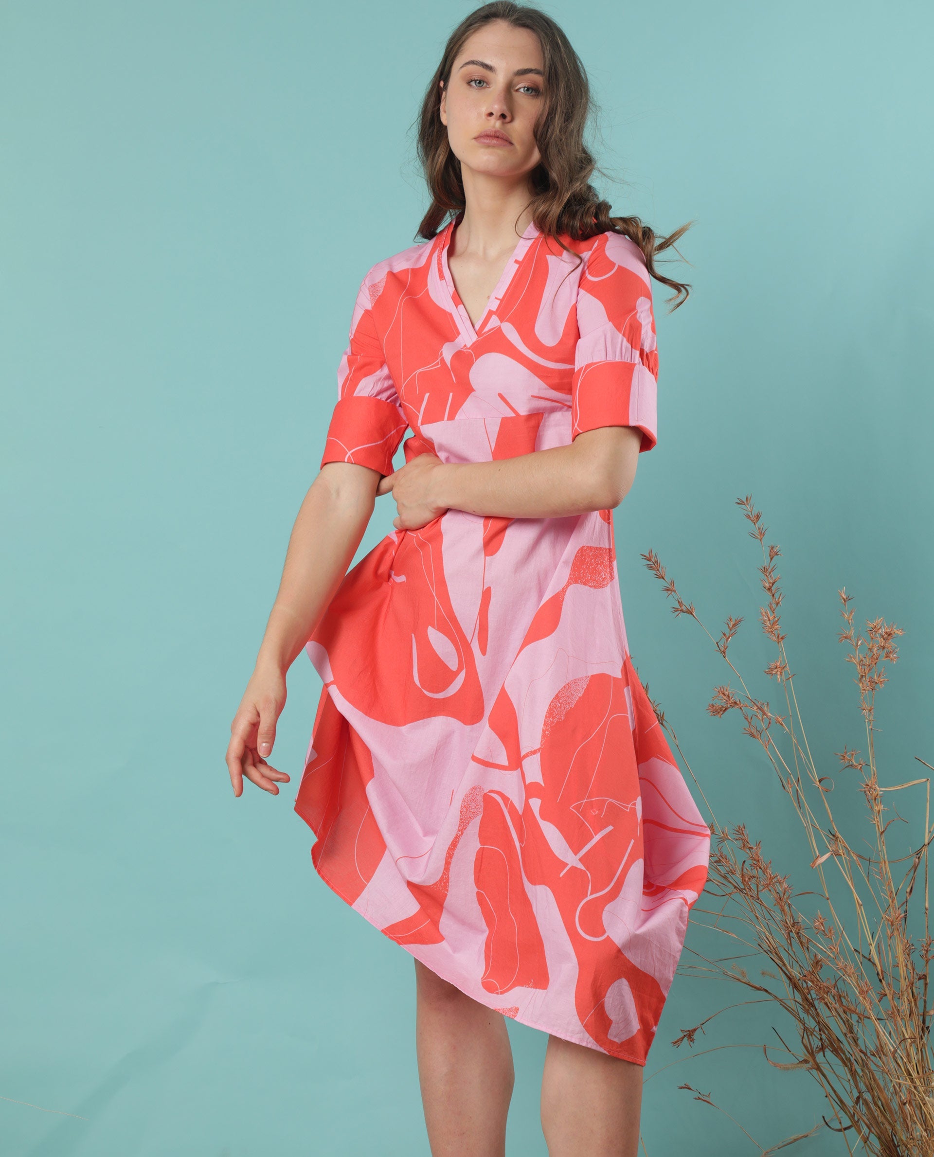 Rareism Women Daphne Orange Cotton Fabric 3/4Th Sleeves V-Neck Regular Fit Abstract Print Knee Length Asymmetric Dress