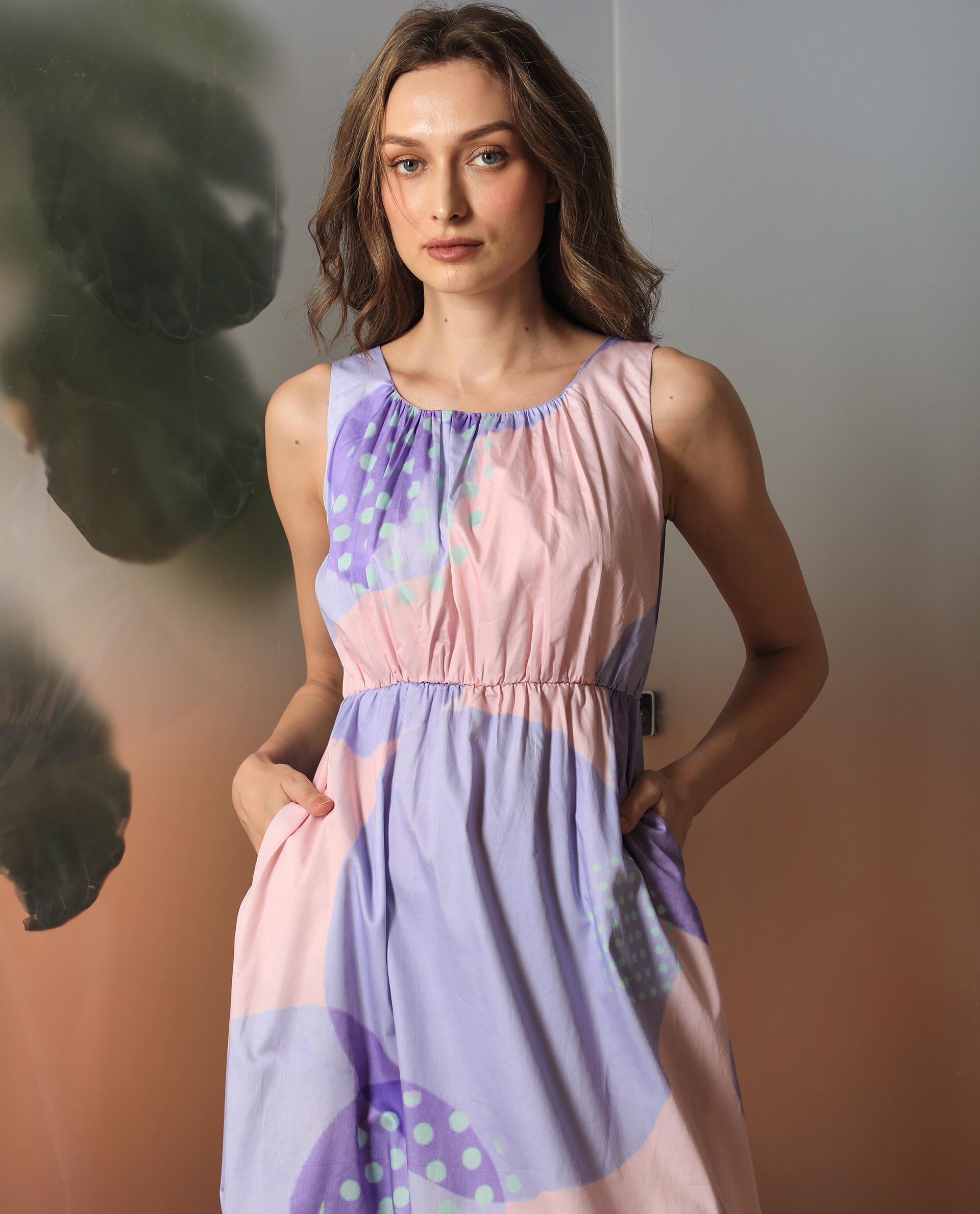 Rareism Women Cordova Pink Cotton Fabric Boat Neck Sleeveless Tailored Fit Polka Knee Length Empire Dress