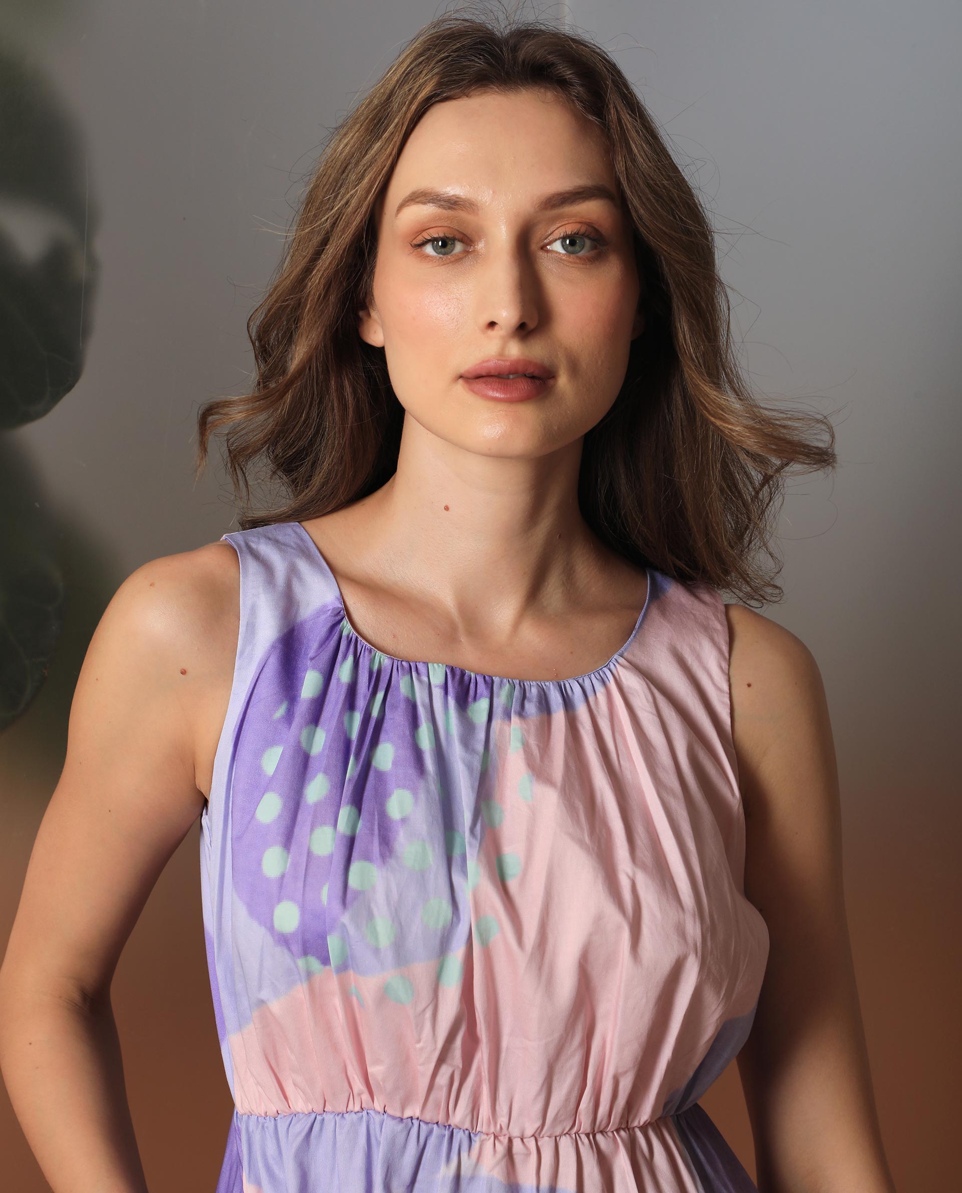 Rareism Women Cordova Pink Cotton Fabric Boat Neck Sleeveless Tailored Fit Polka Knee Length Empire Dress