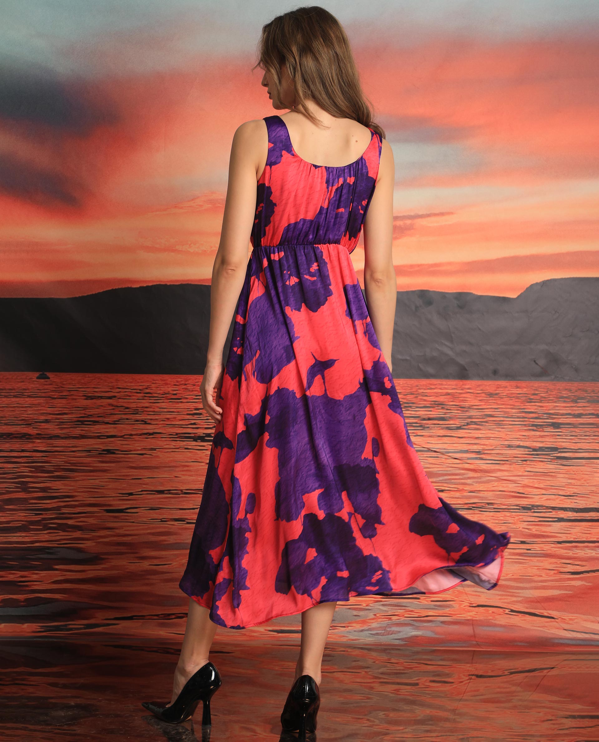 Rareism Women Kelly Pink Polyester Fabric Boat Neck Sleeveless Regular Fit Floral Print Knee Length Empire Dress