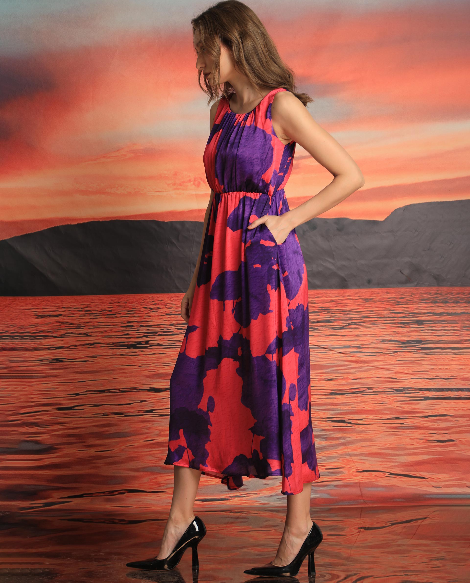 Rareism Women Kelly Pink Polyester Fabric Boat Neck Sleeveless Regular Fit Floral Print Knee Length Empire Dress