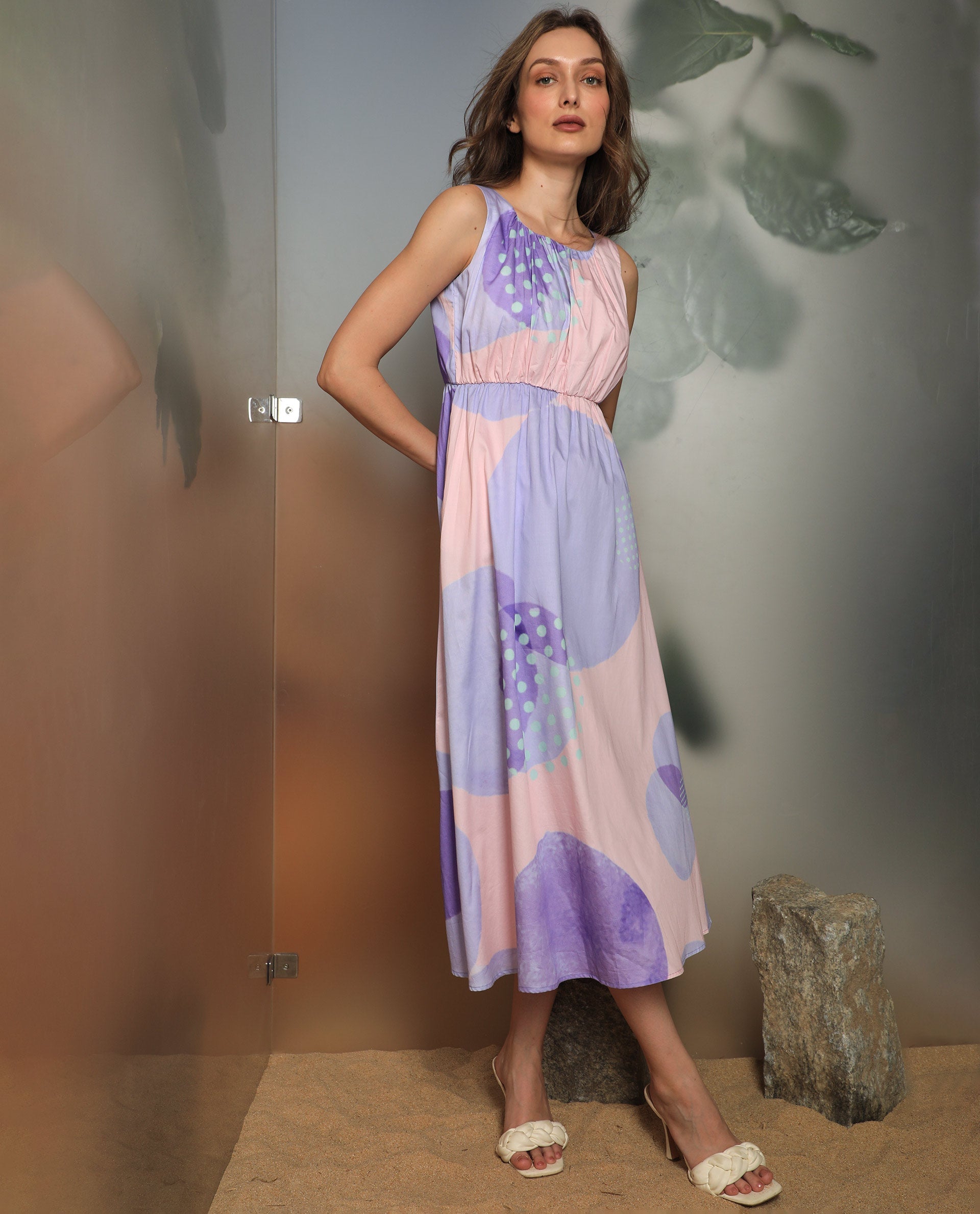 Rareism Women Cordova Pink Cotton Fabric Boat Neck Sleeveless Tailored Fit Polka Knee Length Empire Dress