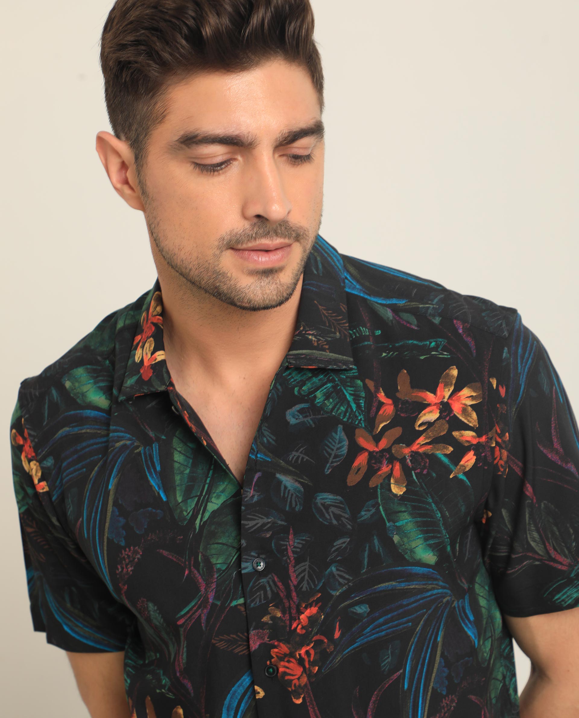 Rare Rabbit Men's Dabney Black Viscose Fabric Half Sleeves Tropical Print Shirt