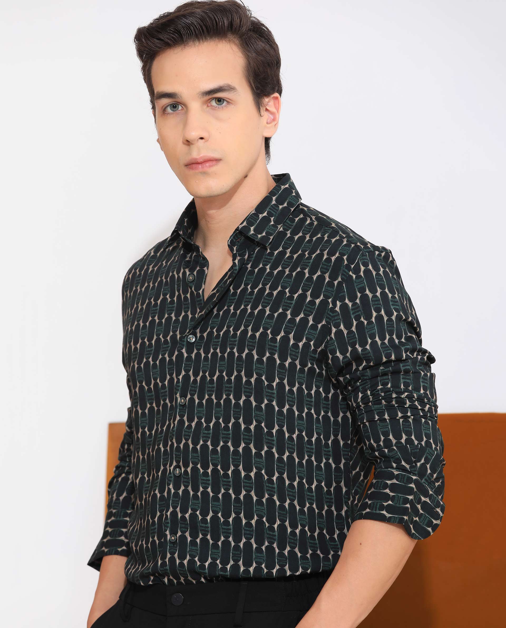 Rare Rabbit Mens Oliver Green Viscose Fabric Full Sleeves Slim Fit Geometric Print Shirt
