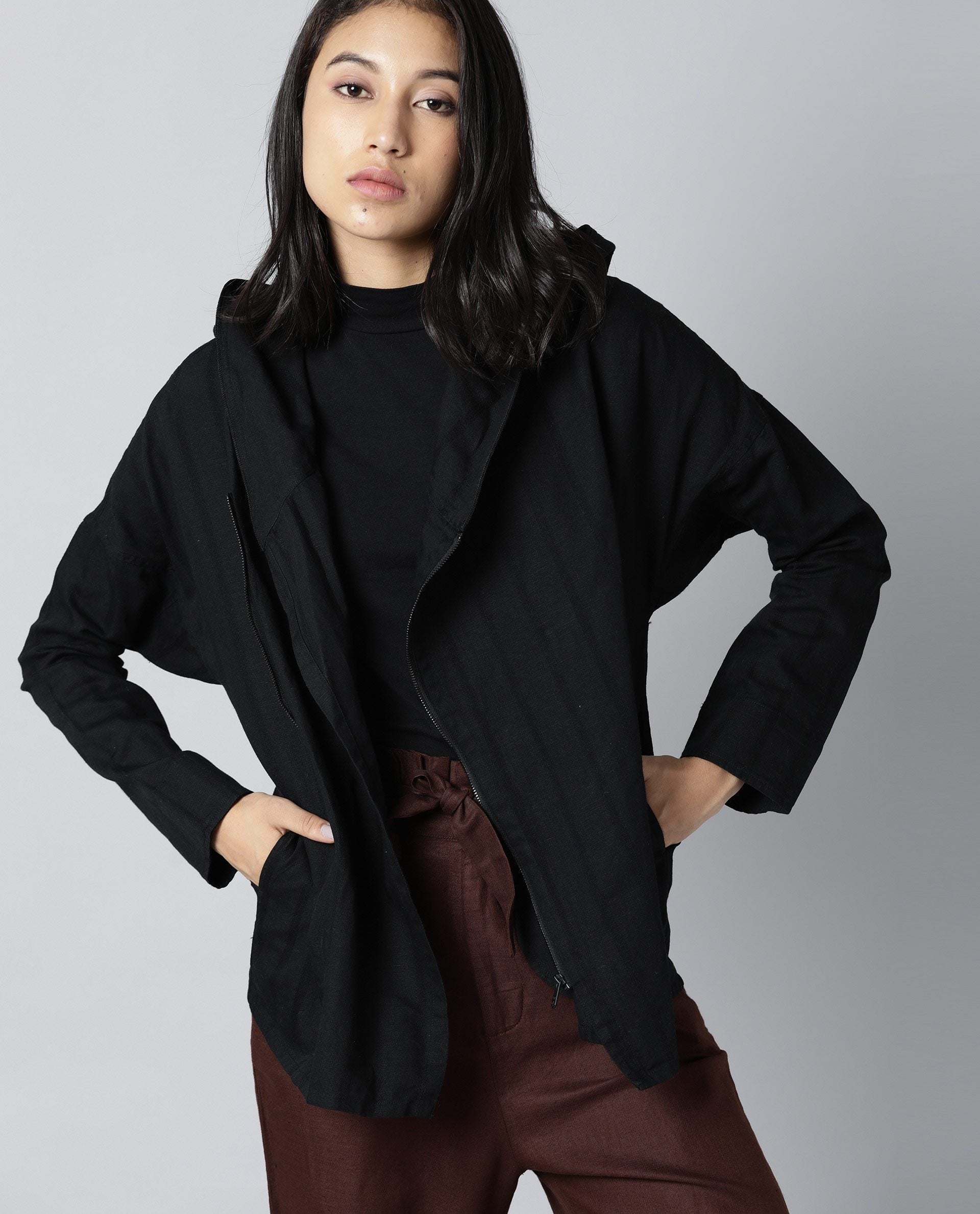 Rareism Womens Air Black Hoodie Zipper Closure