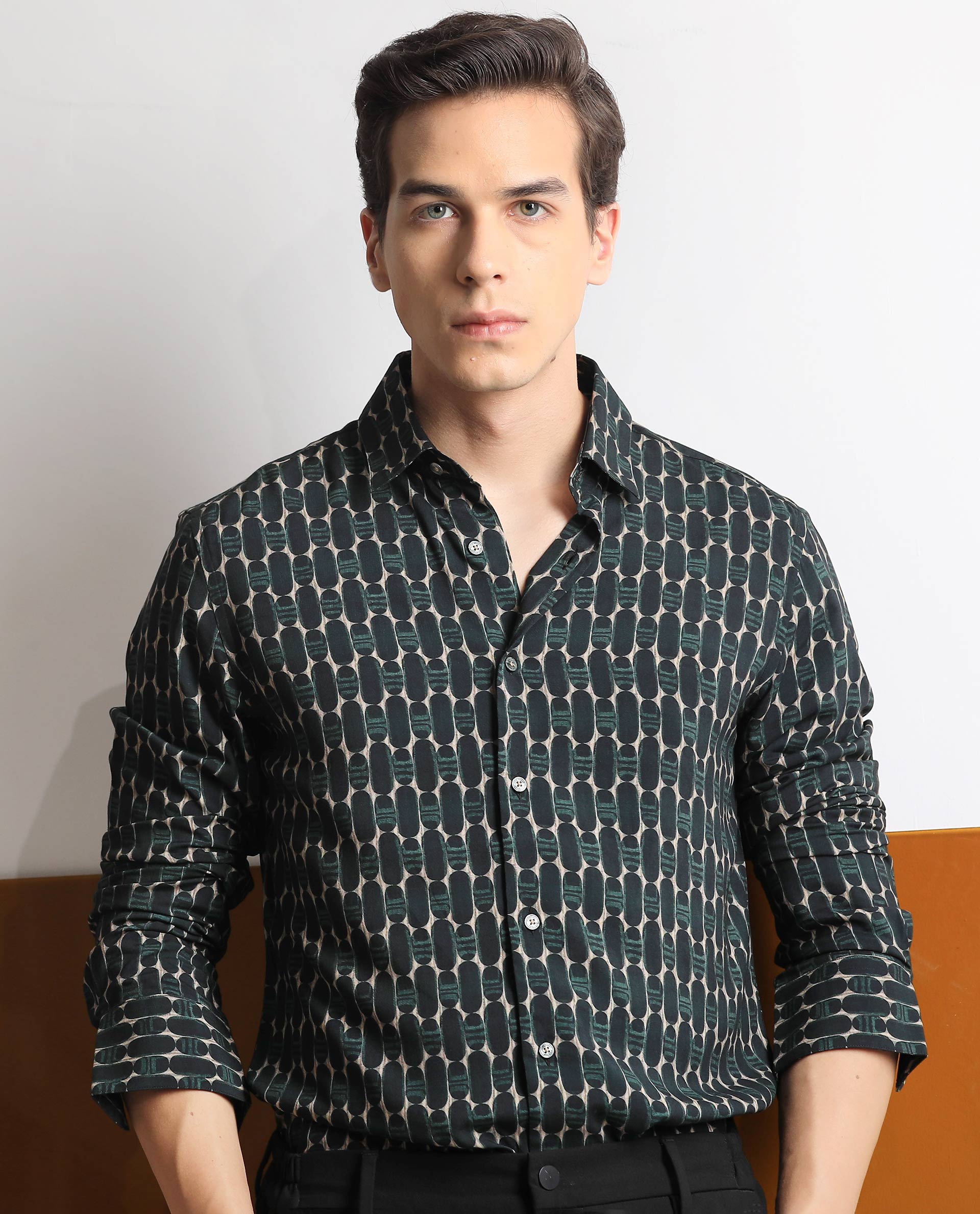 Rare Rabbit Mens Oliver Green Viscose Fabric Full Sleeves Slim Fit Geometric Print Shirt