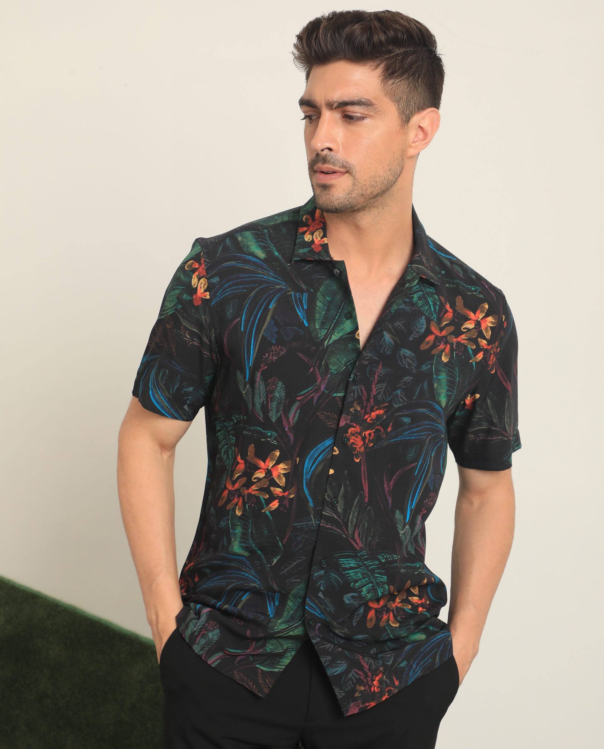 Rare Rabbit Men's Dabney Black Viscose Fabric Half Sleeves Tropical Print Shirt