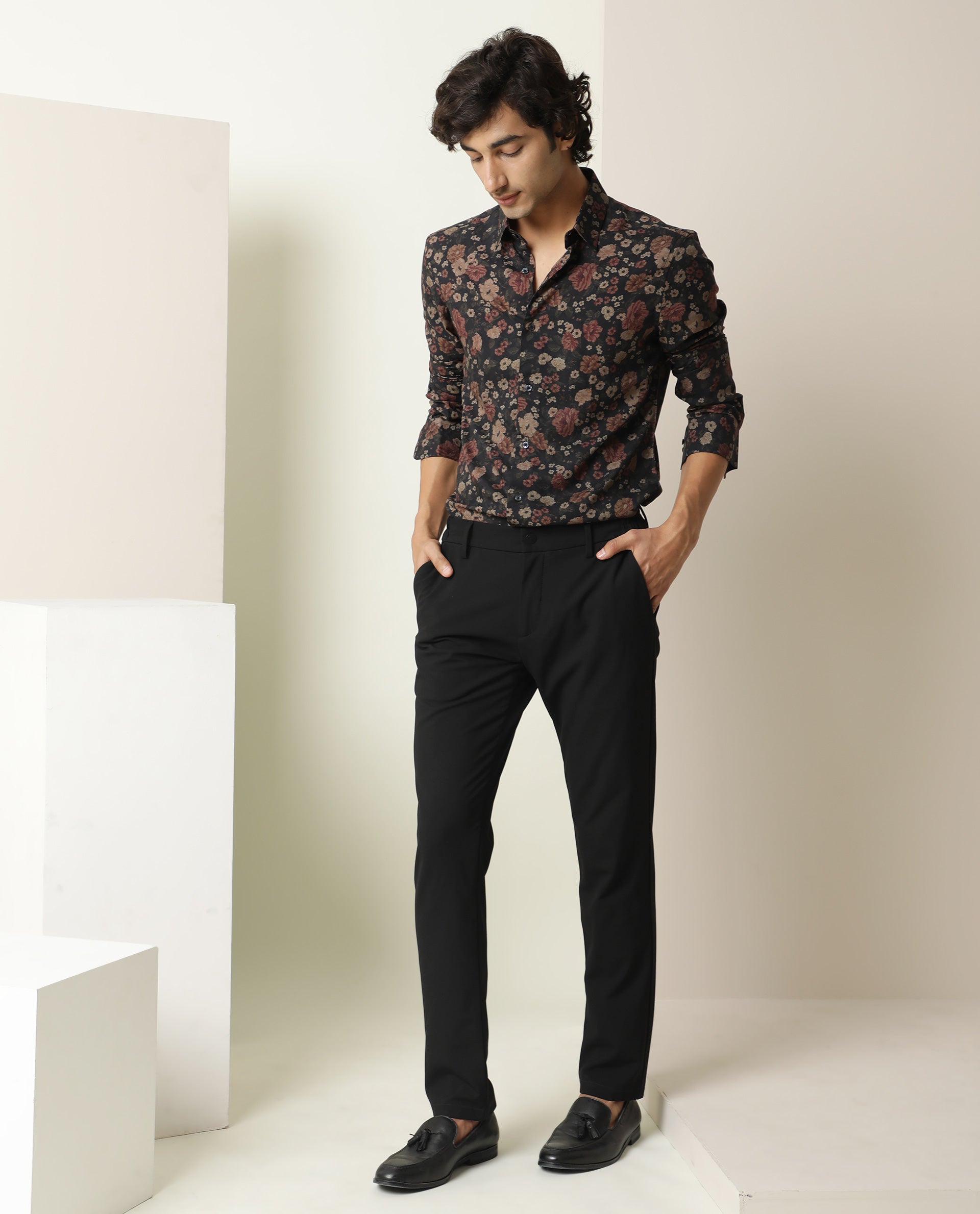 Rare Rabbit Men Vynill Blue Viscose Fabric Full Sleeves Regular Fit Floral Print Shirt