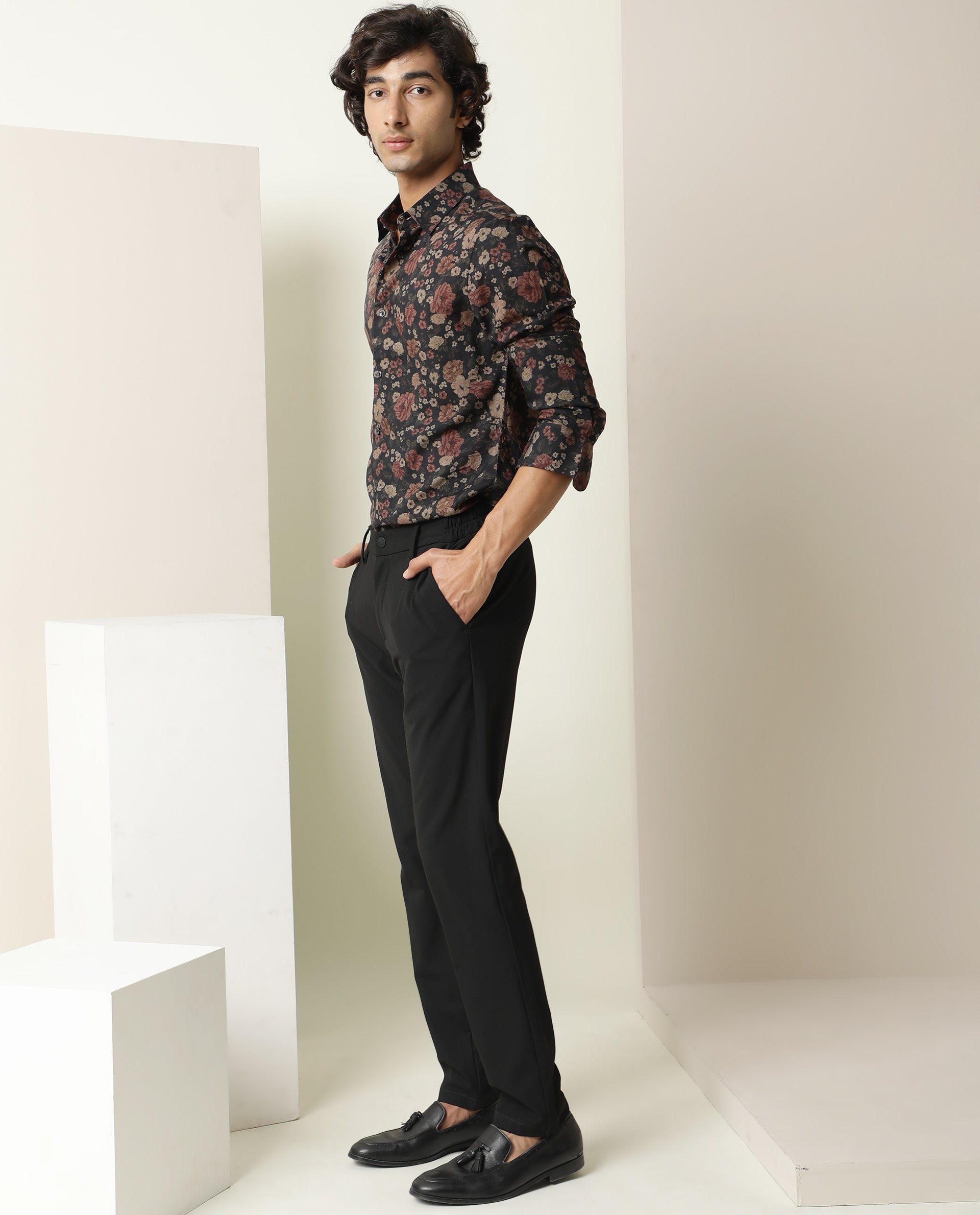 Rare Rabbit Men Vynill Blue Viscose Fabric Full Sleeves Regular Fit Floral Print Shirt