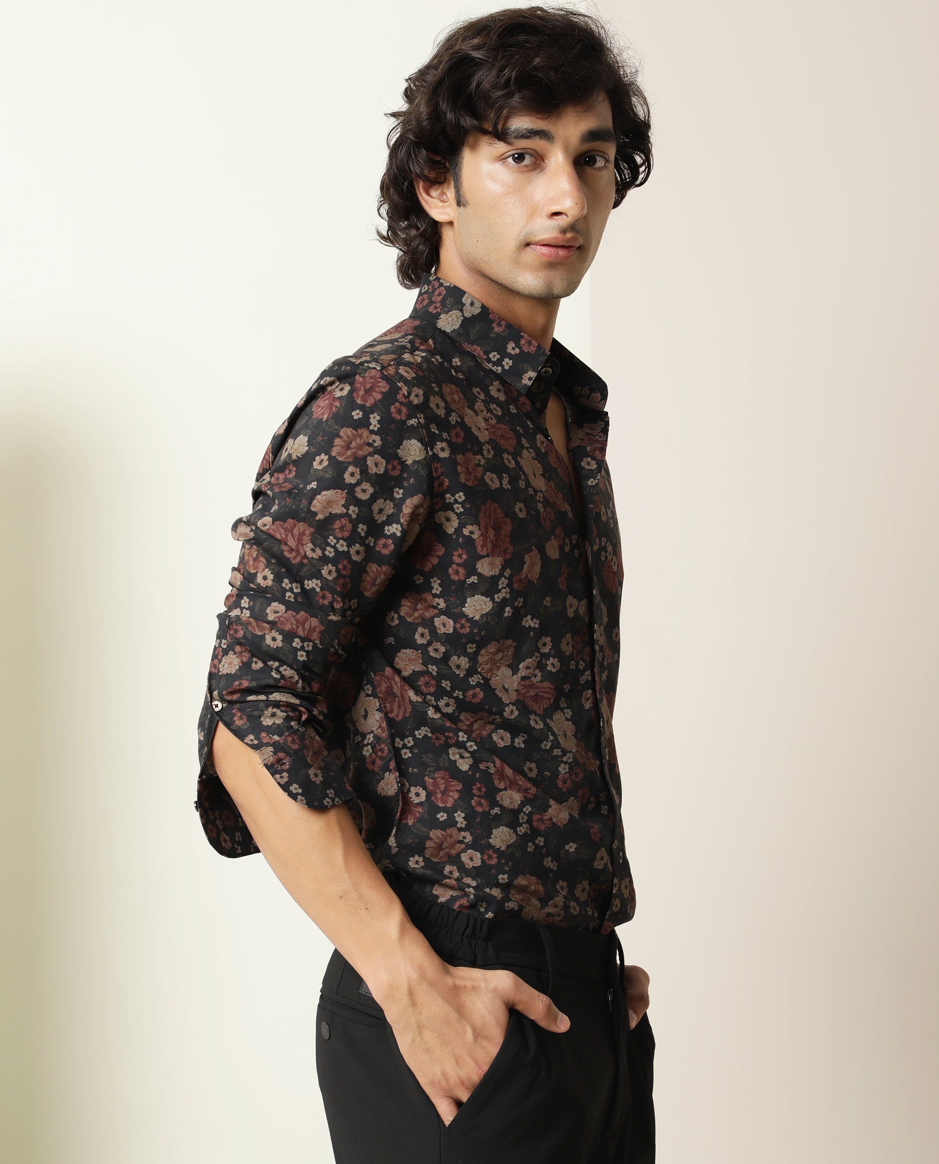 Rare Rabbit Men Vynill Blue Viscose Fabric Full Sleeves Regular Fit Floral Print Shirt